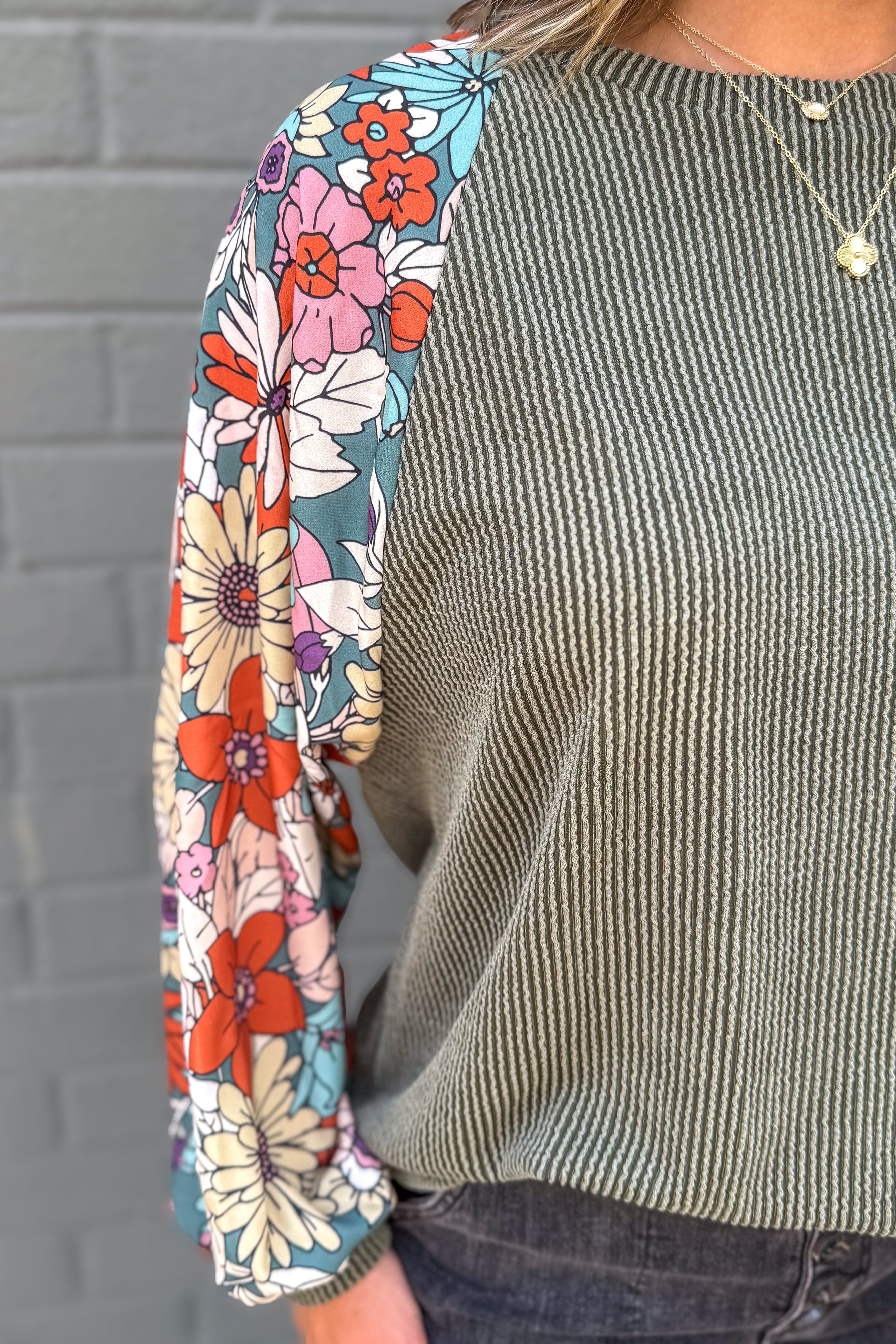 Olive Ribbed Dalia Floral Sleeve Top details
