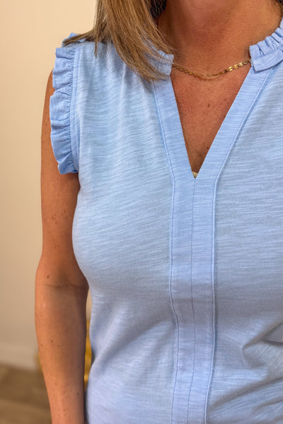 Sky Blue Frilled Detail Sleeveless Top Detailed