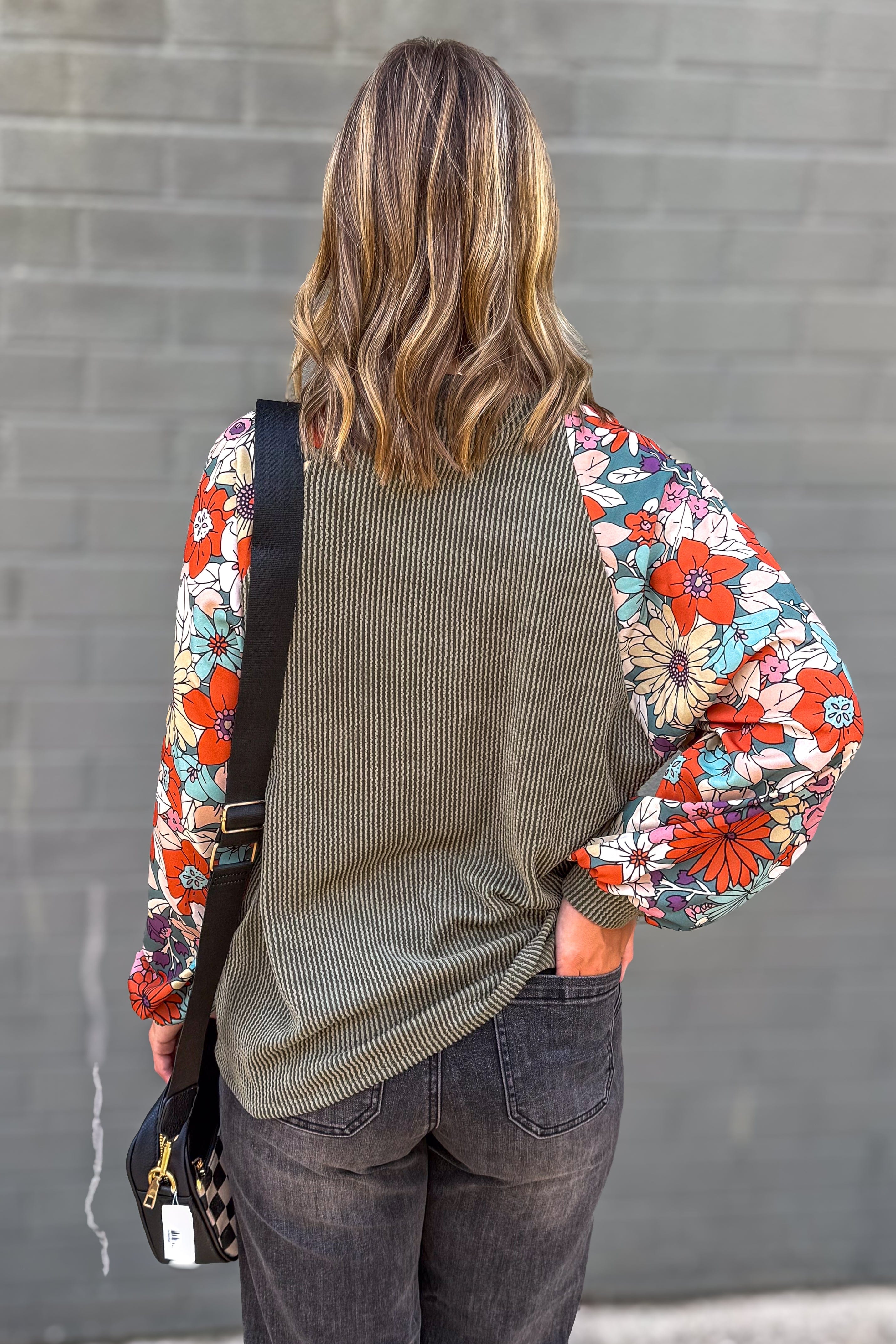 Olive Ribbed Dalia Floral Sleeve Top back