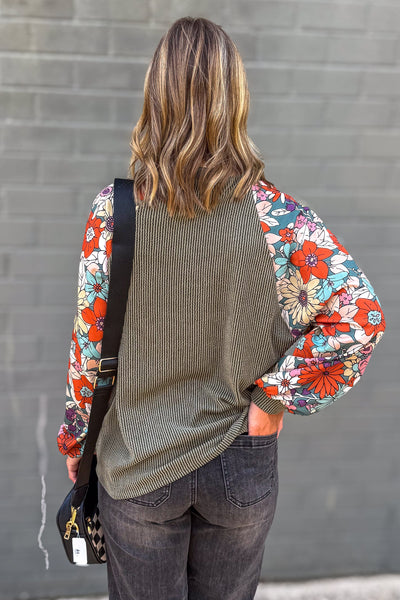 Olive Ribbed Dalia Floral Sleeve Top back
