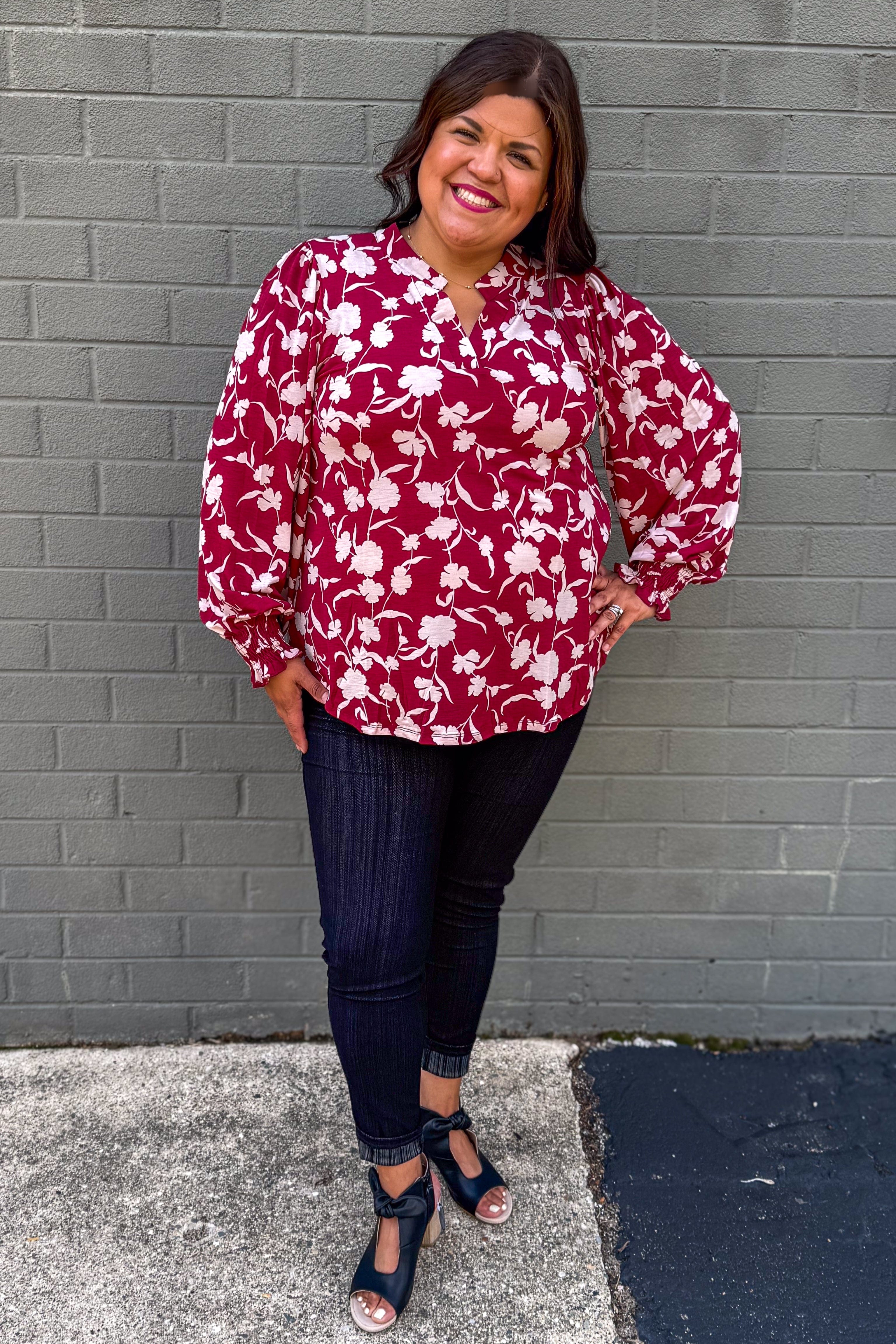 Wine Floral Smocked Sleeve Lizzy Blouse styled
