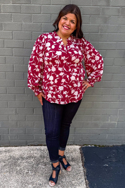 Wine Floral Smocked Sleeve Lizzy Blouse styled