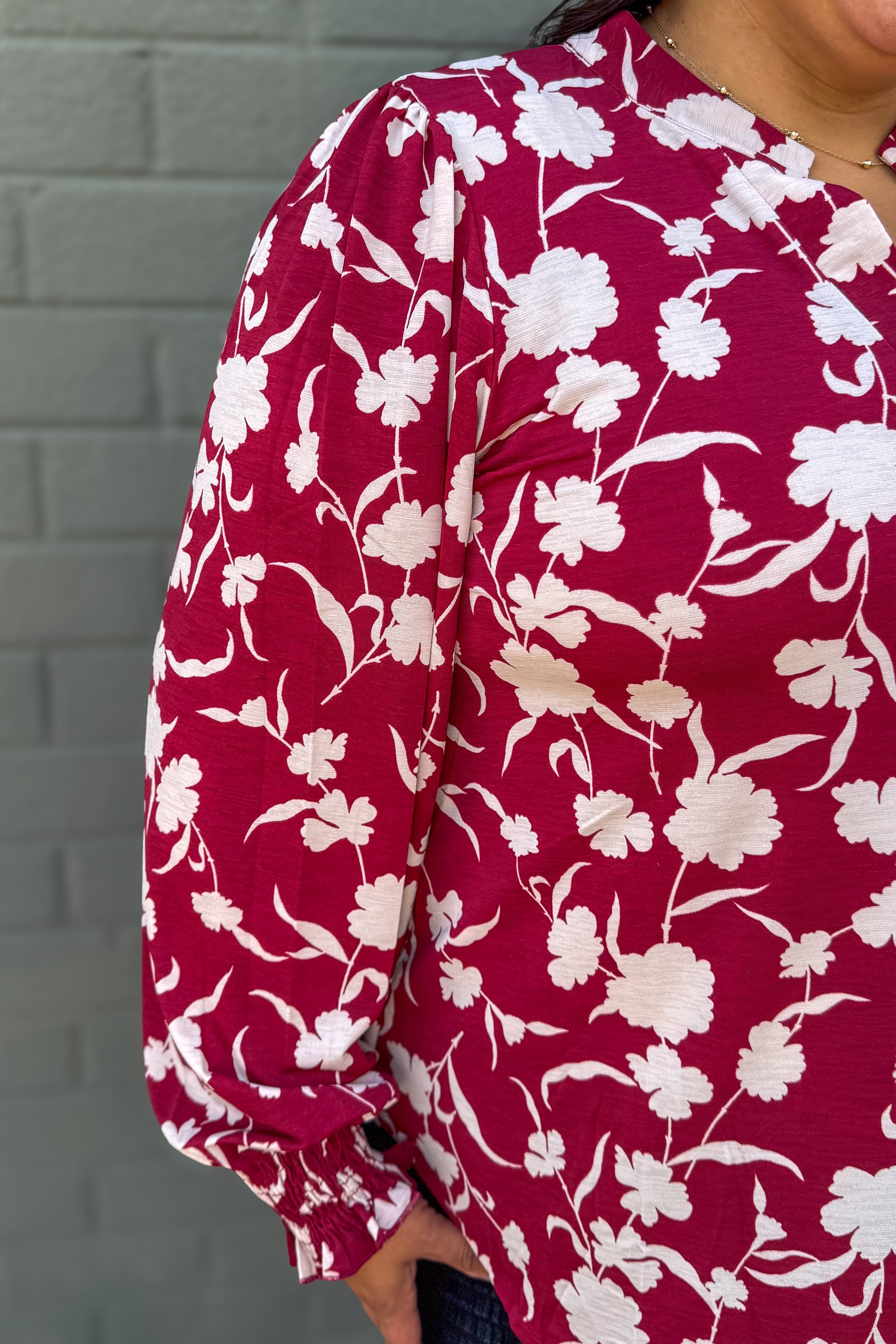 Wine Floral Smocked Sleeve Lizzy Blouse detail