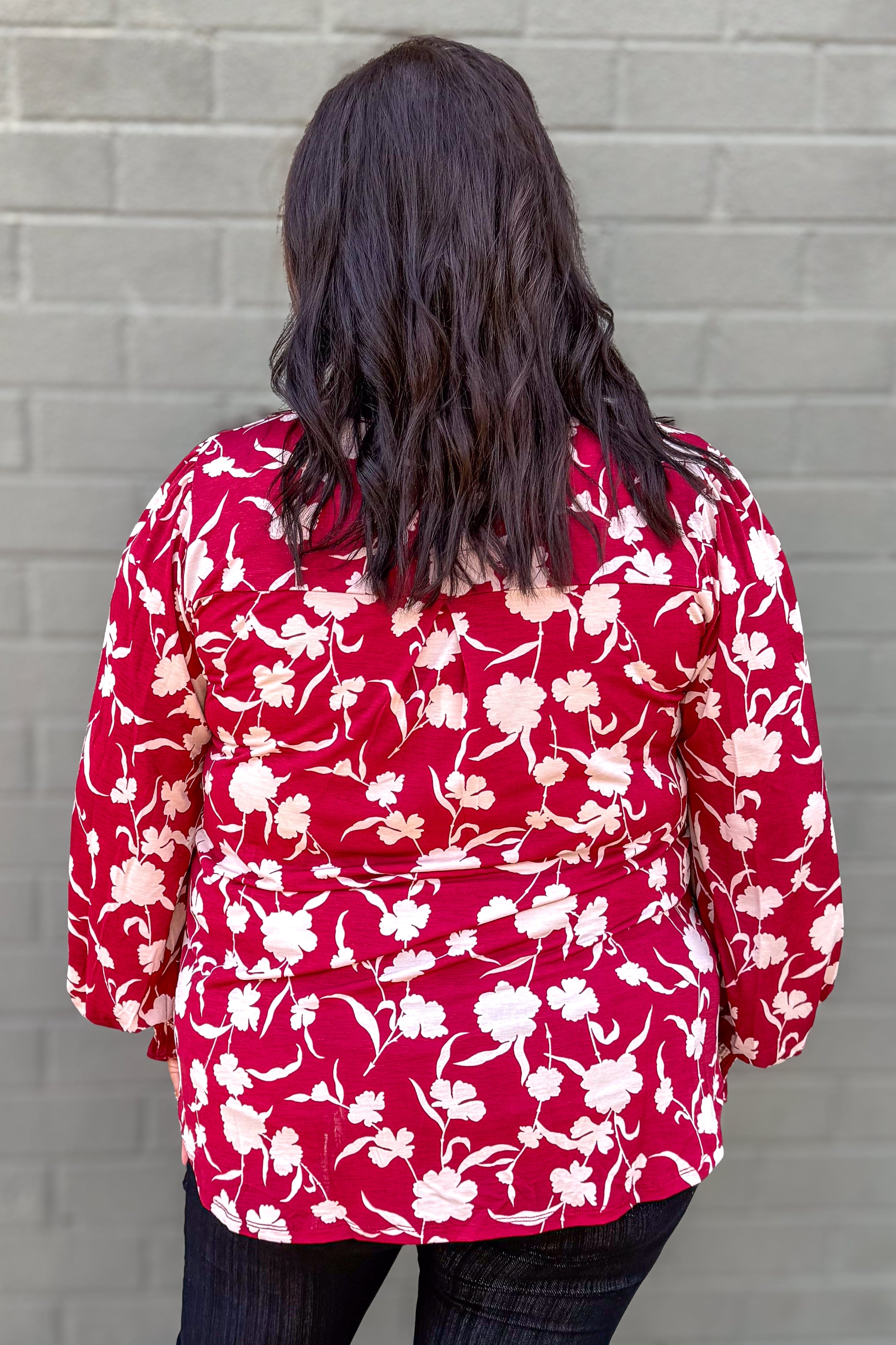 Wine Floral Smocked Sleeve Lizzy Blouse back