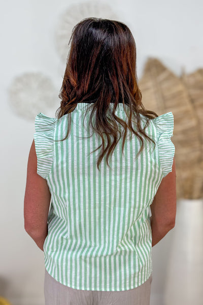Green Ruffle Sleeve Seersucker Striped Top Back