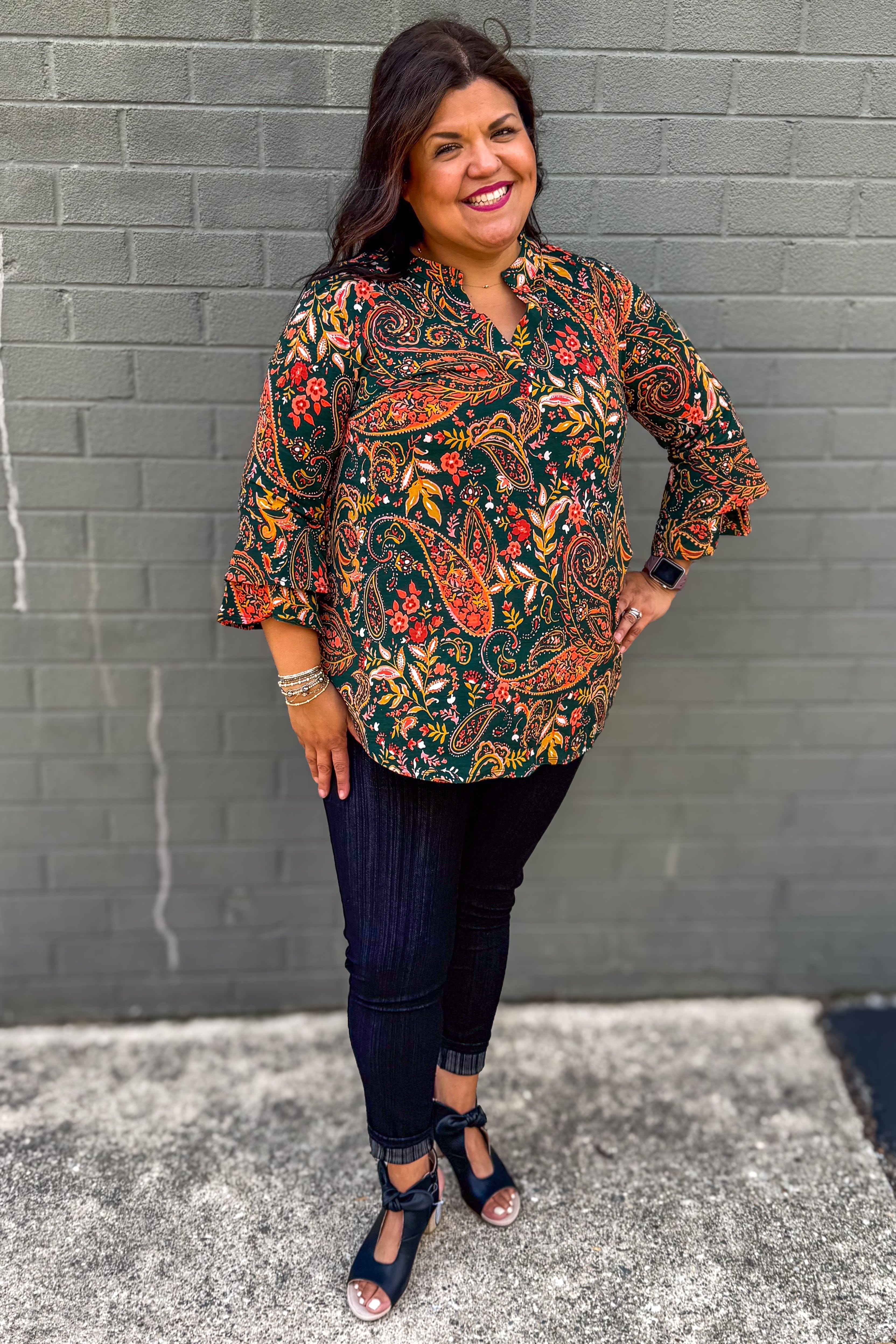 Hunter Green Paisley Bell Sleeve Lizzy Top styled