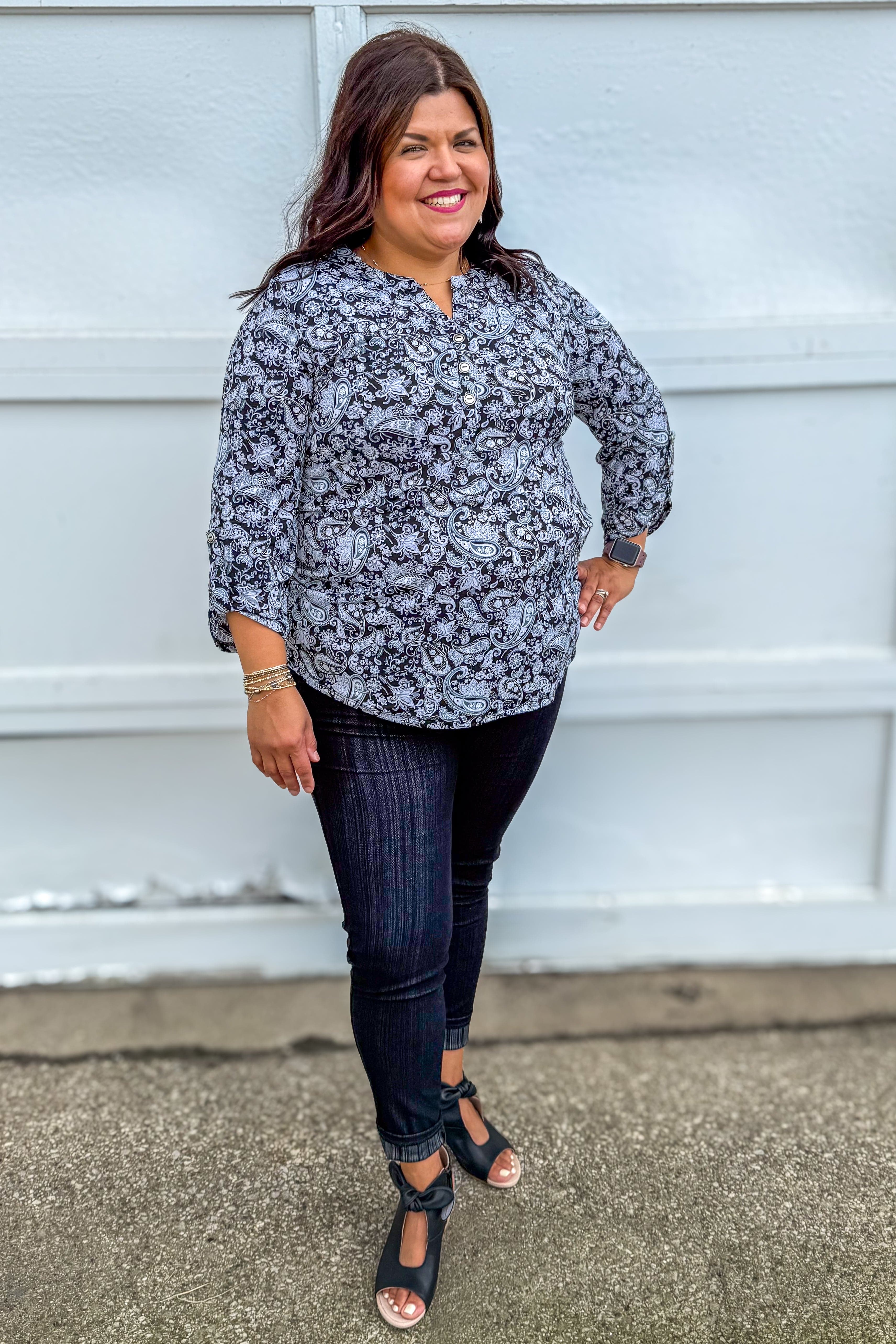 Black & White Paisley Button Lizzy Blouse