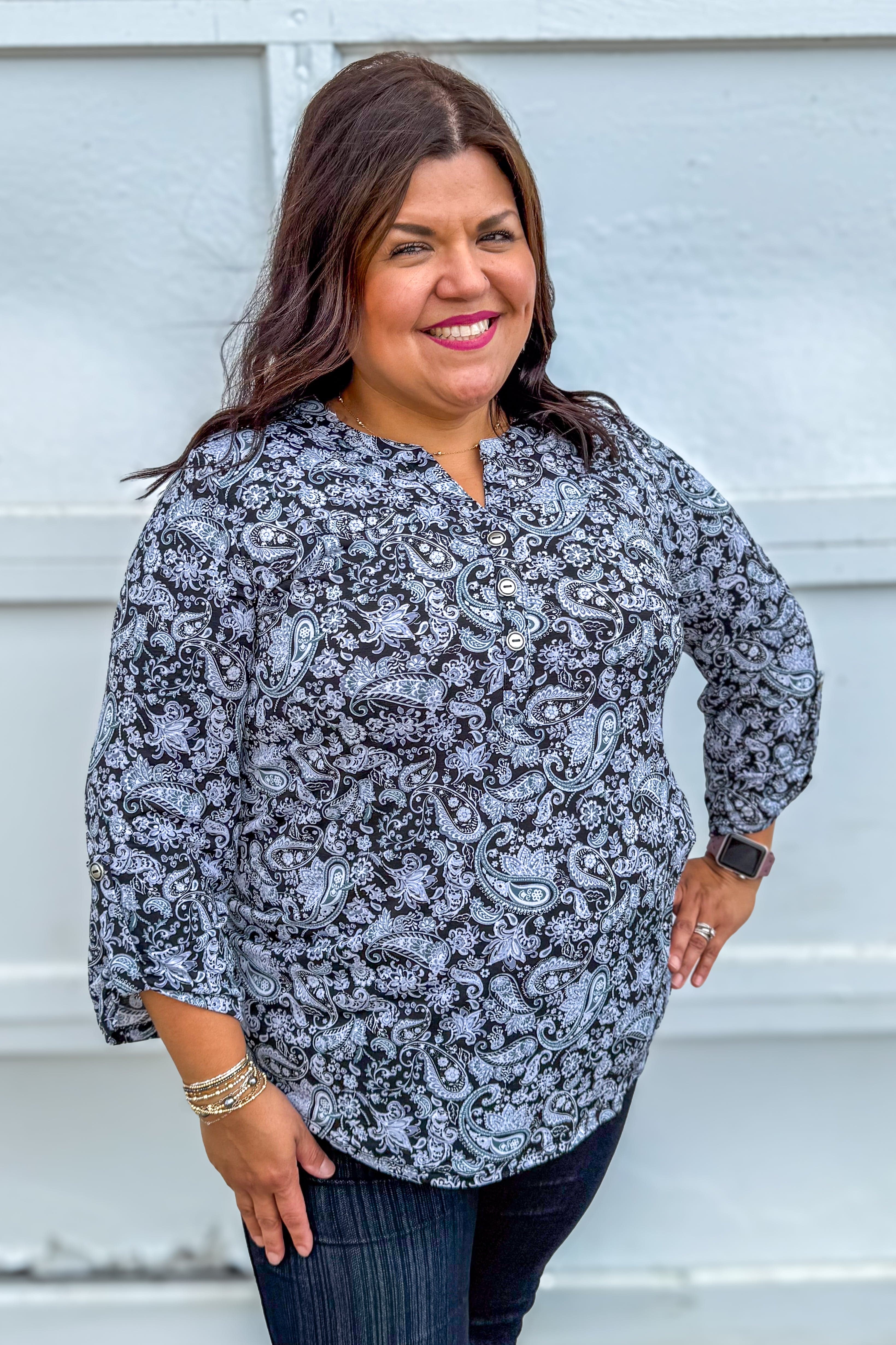 Black & White Paisley Button Lizzy Blouse