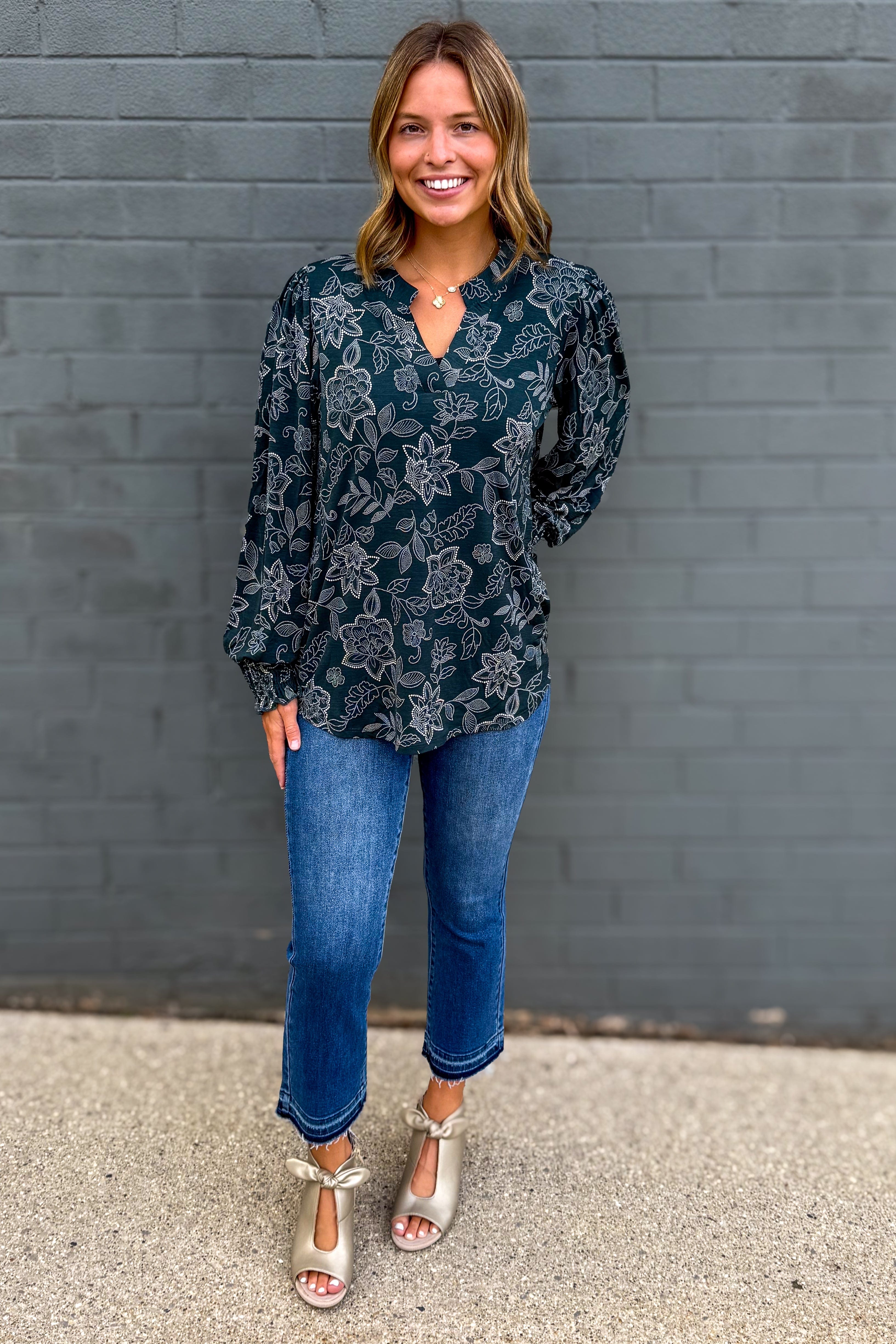 Hunter Green Dot Floral Smocked Sleeve Lizzy Blouse styled