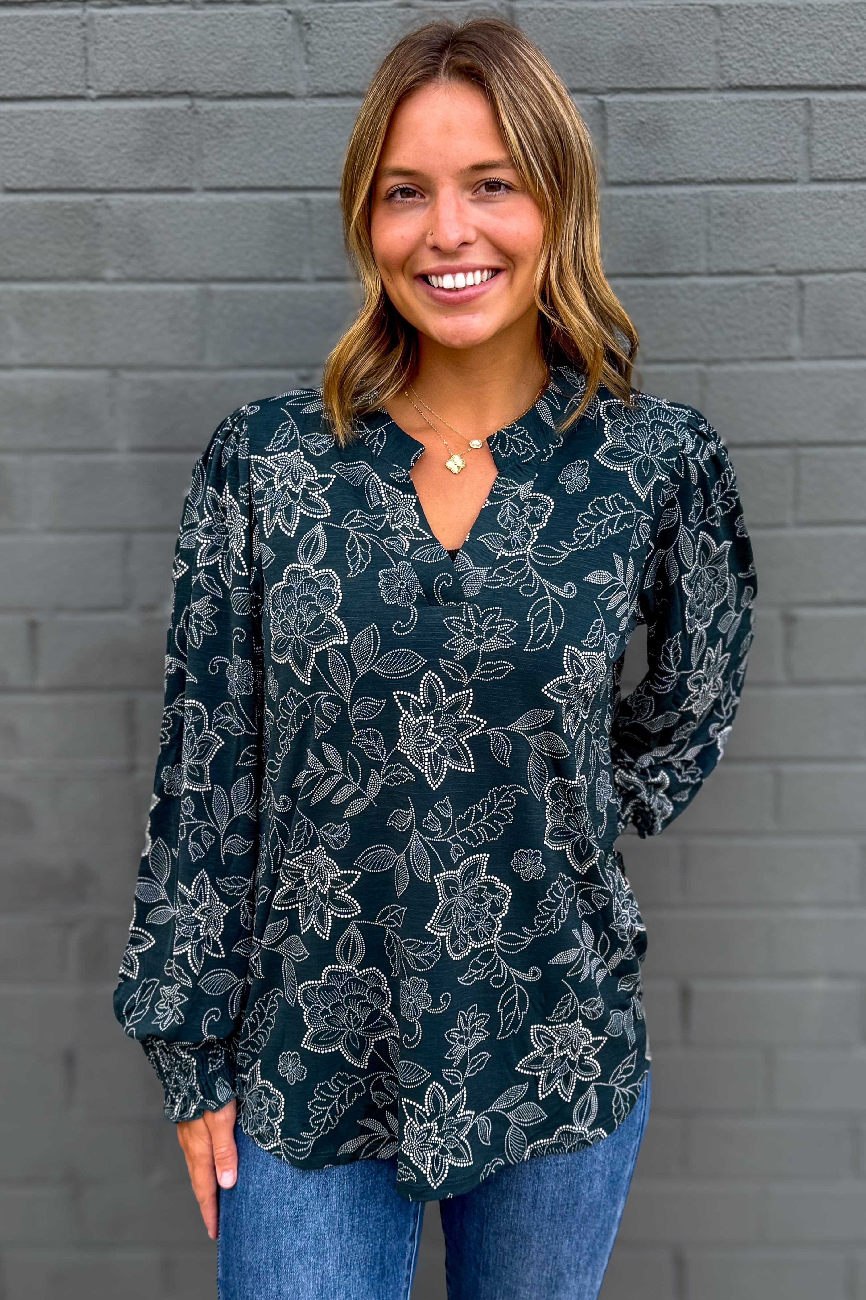 Hunter Green Dot Floral Smocked Sleeve Lizzy Blouse