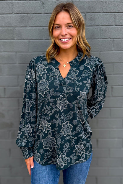 Hunter Green Dot Floral Smocked Sleeve Lizzy Blouse
