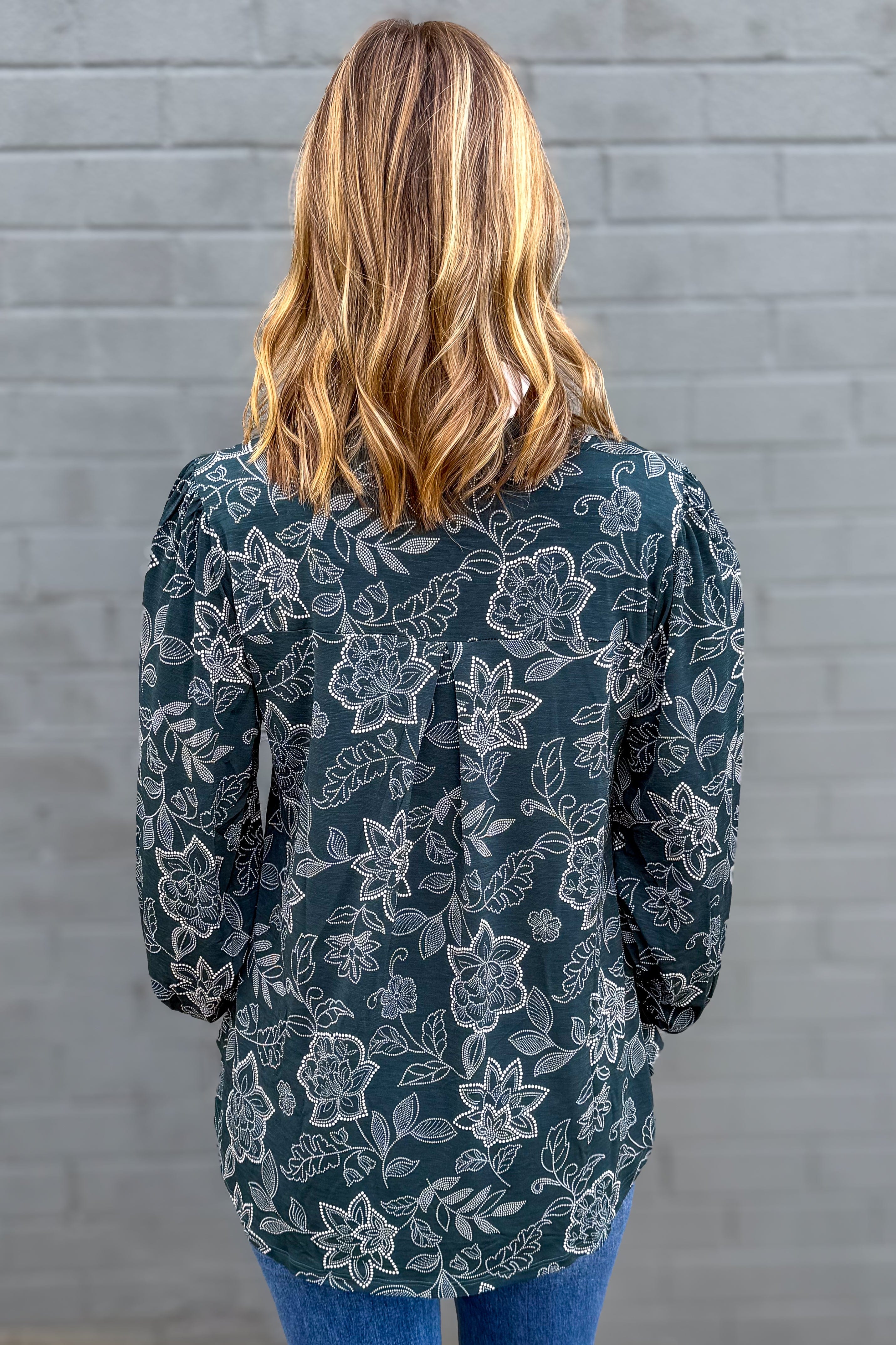 Hunter Green Dot Floral Smocked Sleeve Lizzy Blouse back