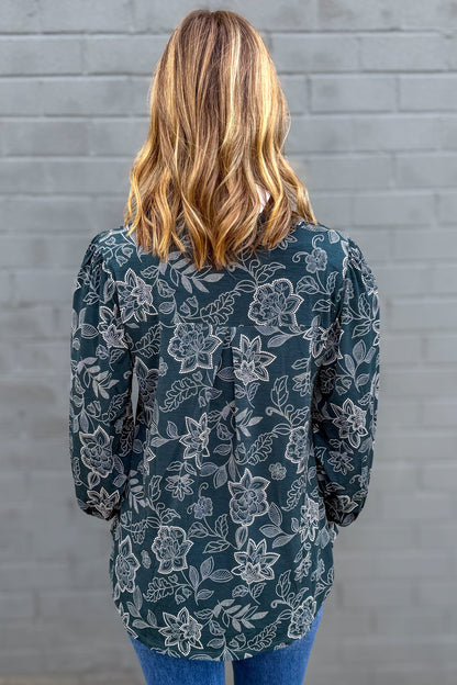 Hunter Green Dot Floral Smocked Sleeve Lizzy Blouse back