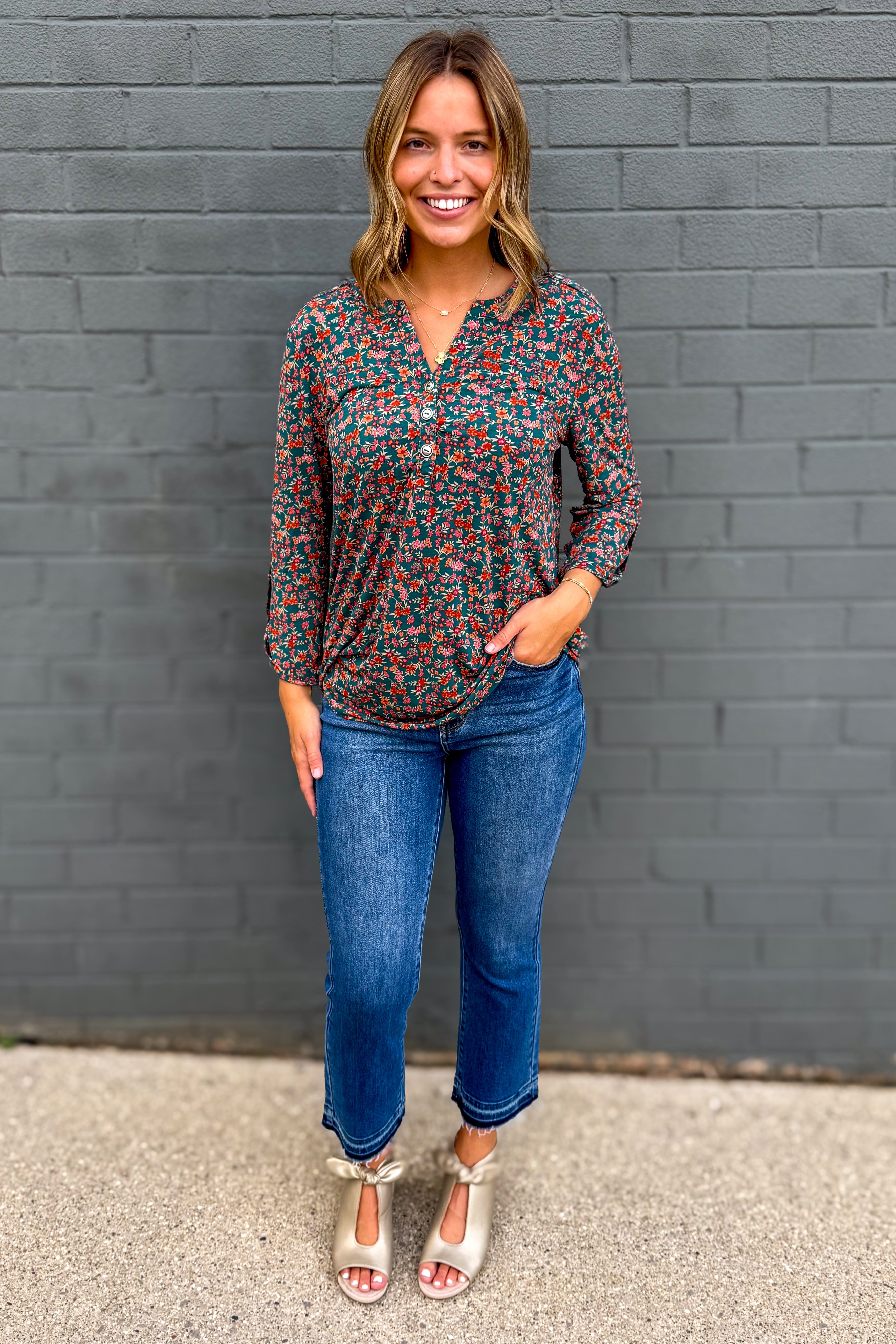 Hunter Green & Rust Floral Button Lizzy Blouse styled