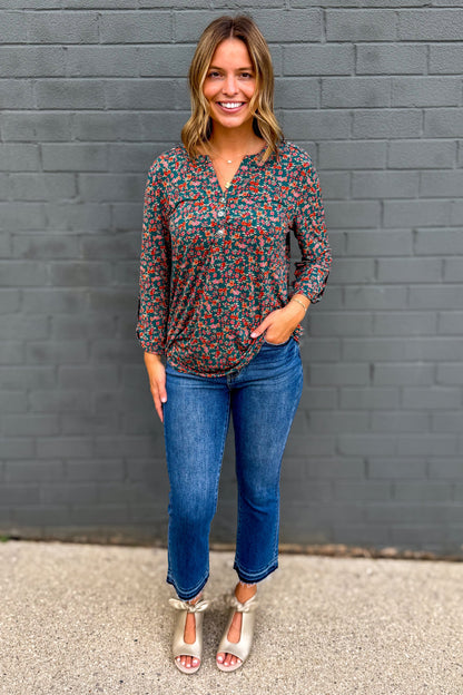 Hunter Green & Rust Floral Button Lizzy Blouse styled