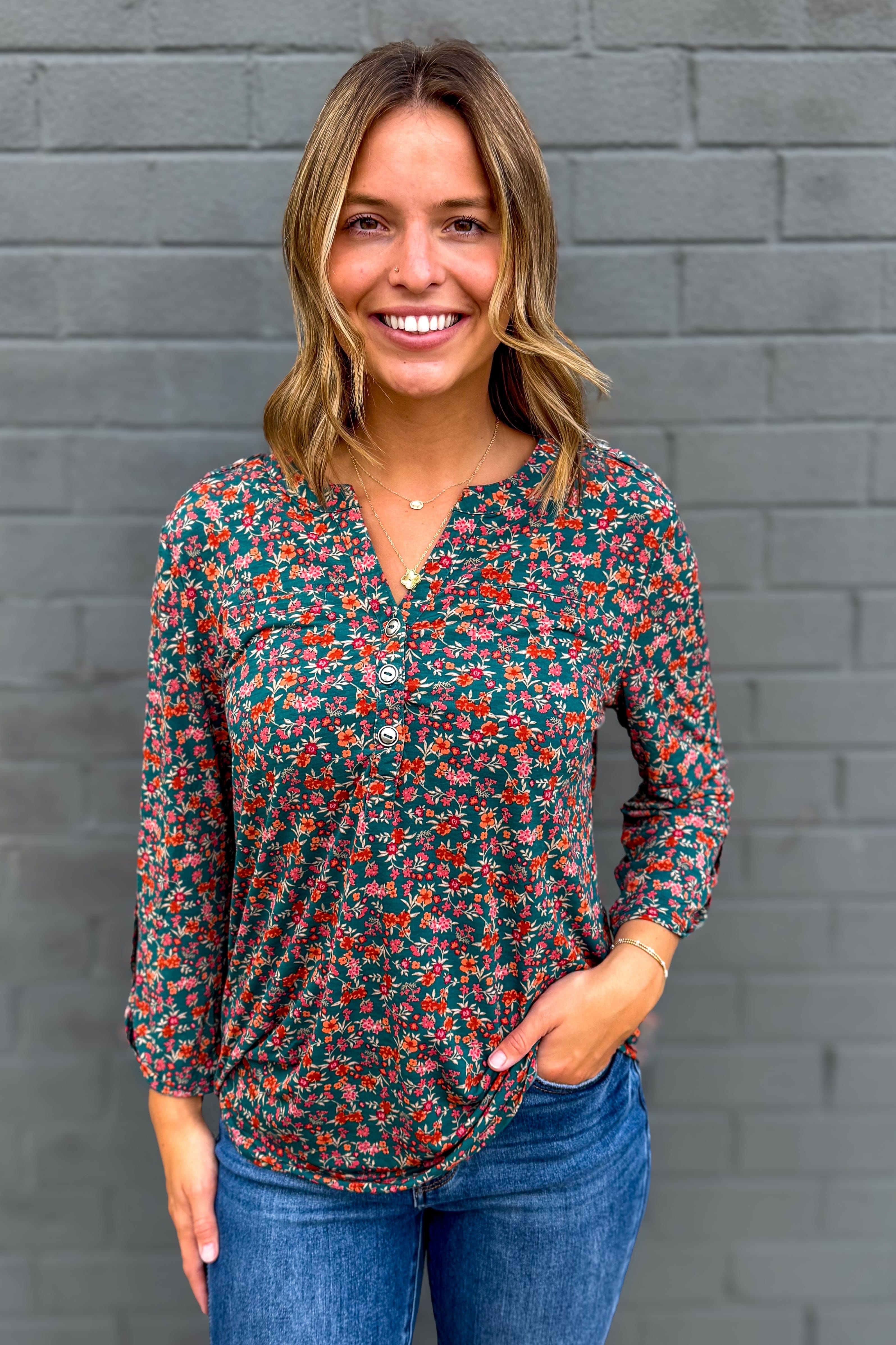 Hunter Green & Rust Floral Button Lizzy Blouse