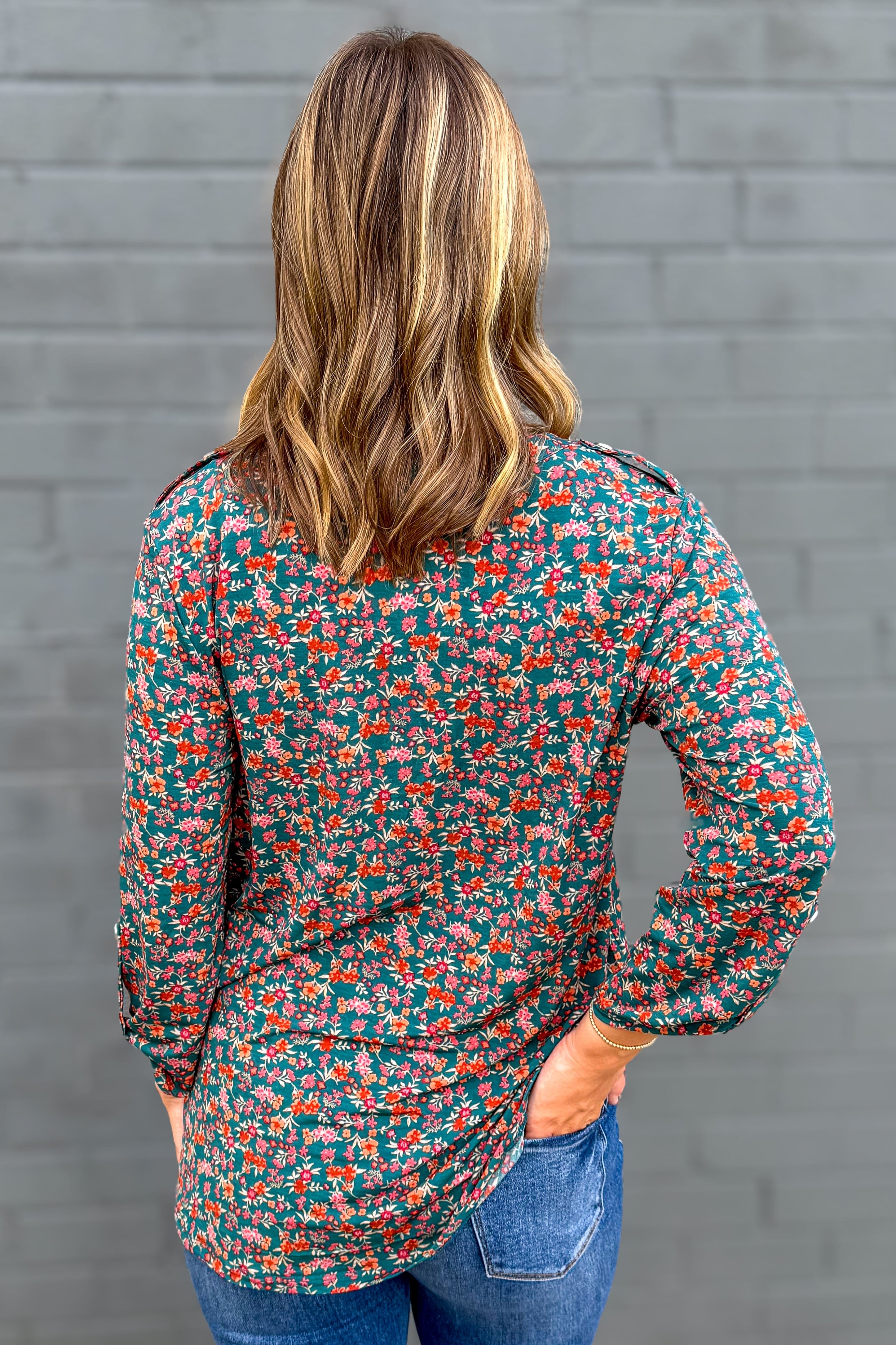 Hunter Green & Rust Floral Button Lizzy Blouse back