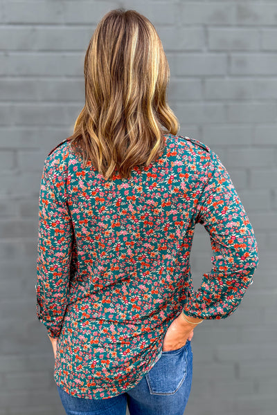Hunter Green & Rust Floral Button Lizzy Blouse back