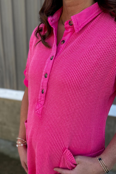 Fuchsia Washed Waffle Knit Dress Detailed