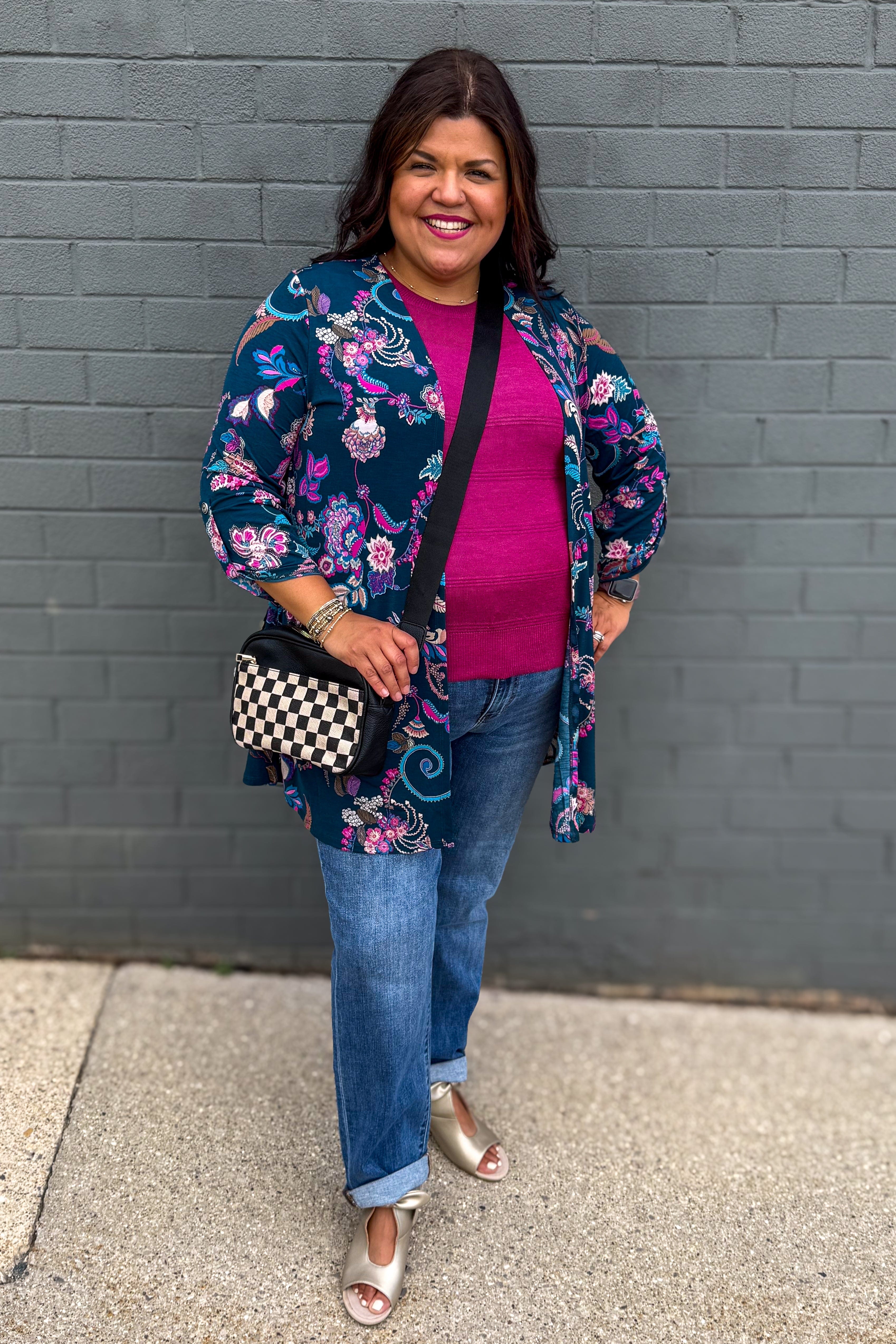 Hunter Green & Pink Paisley Liz Cardigan styled