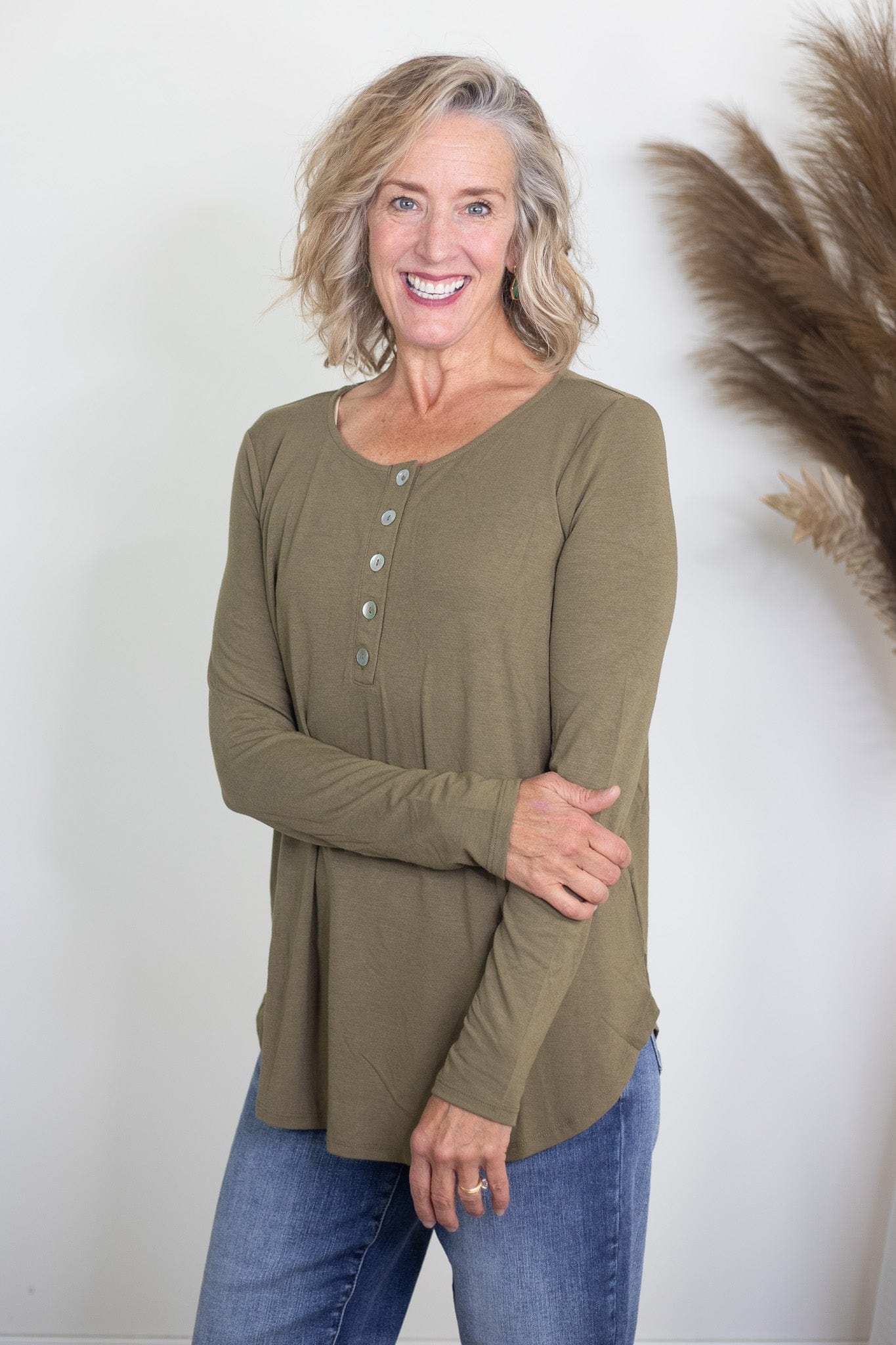 Dusty Olive Dolphin Hem Shell Button Up