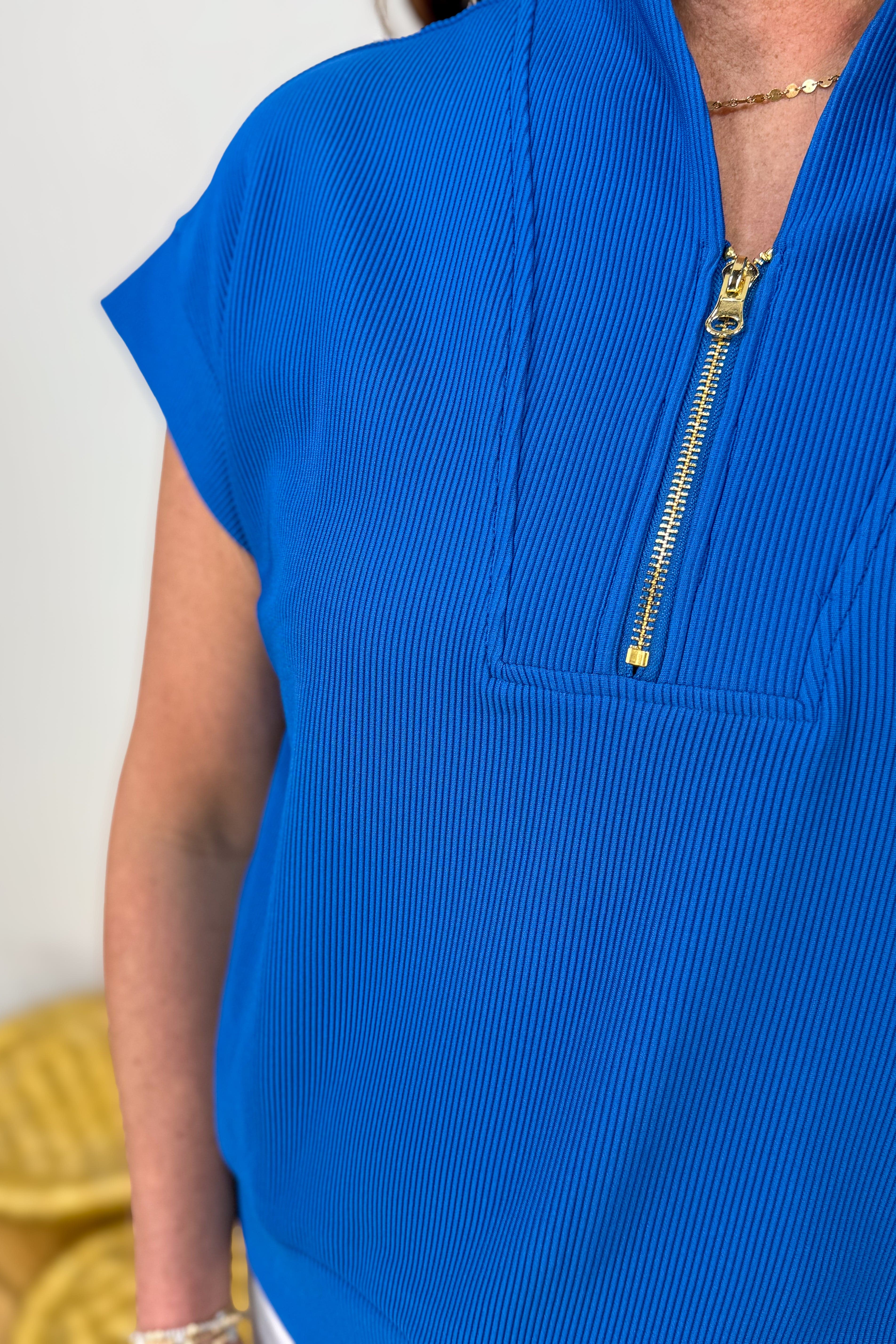 Classic Blue Rib High Neck Zip Top Detailed