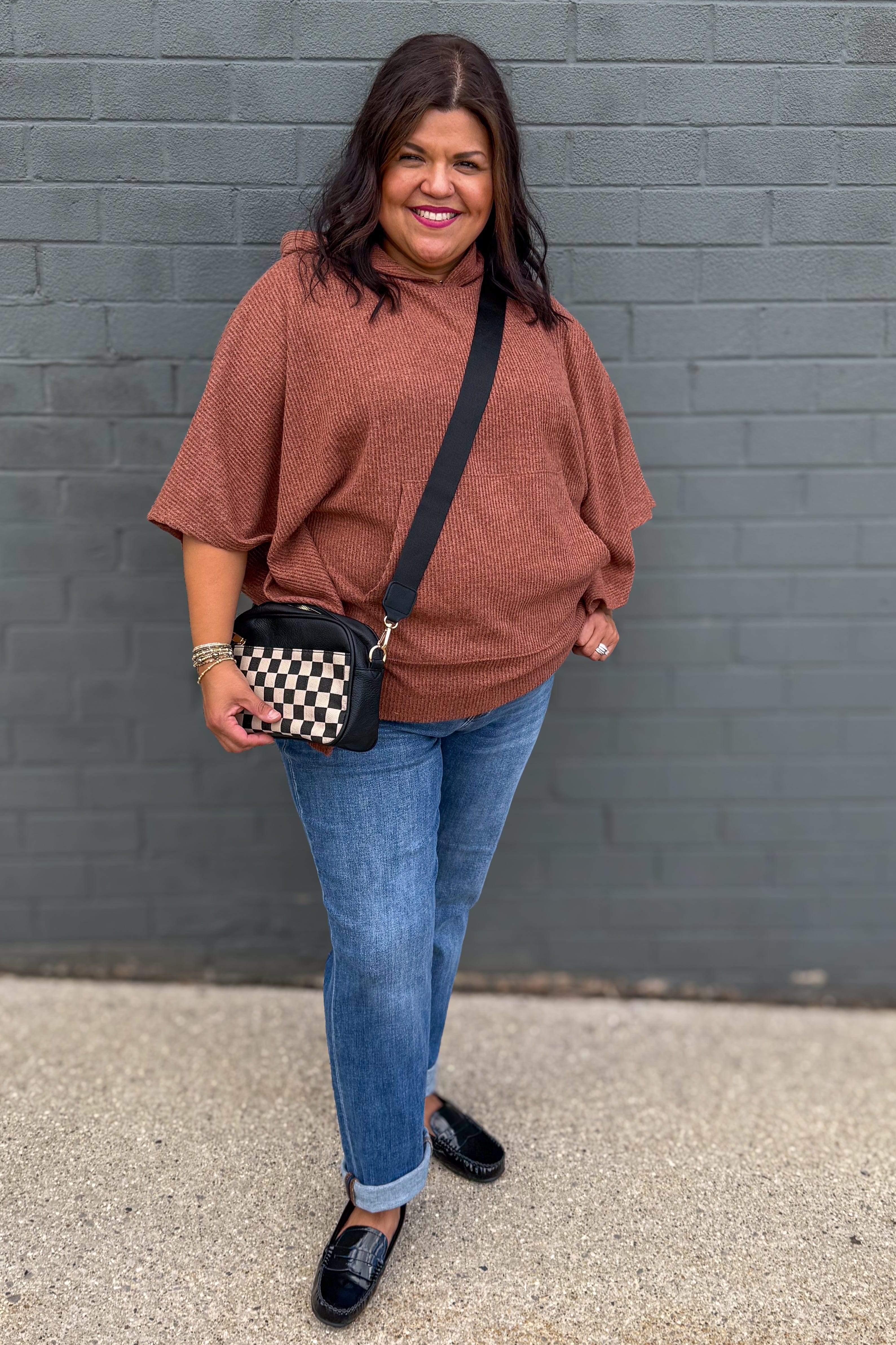 Pumpkin Spice Horizon Ribbed Hooded Poncho styled