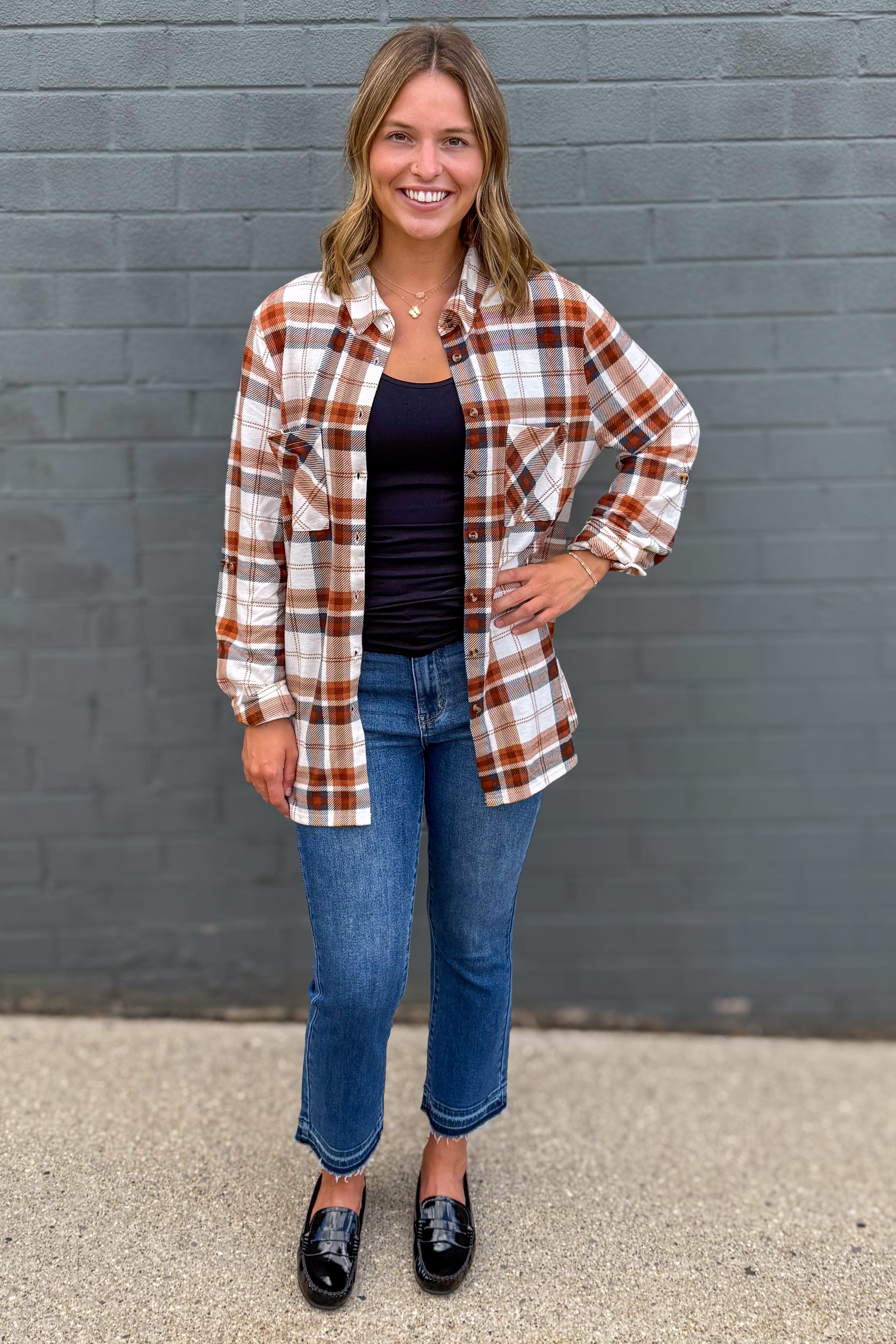 Blue & Orange Side Vent with Buttons Plaid Flannel styled