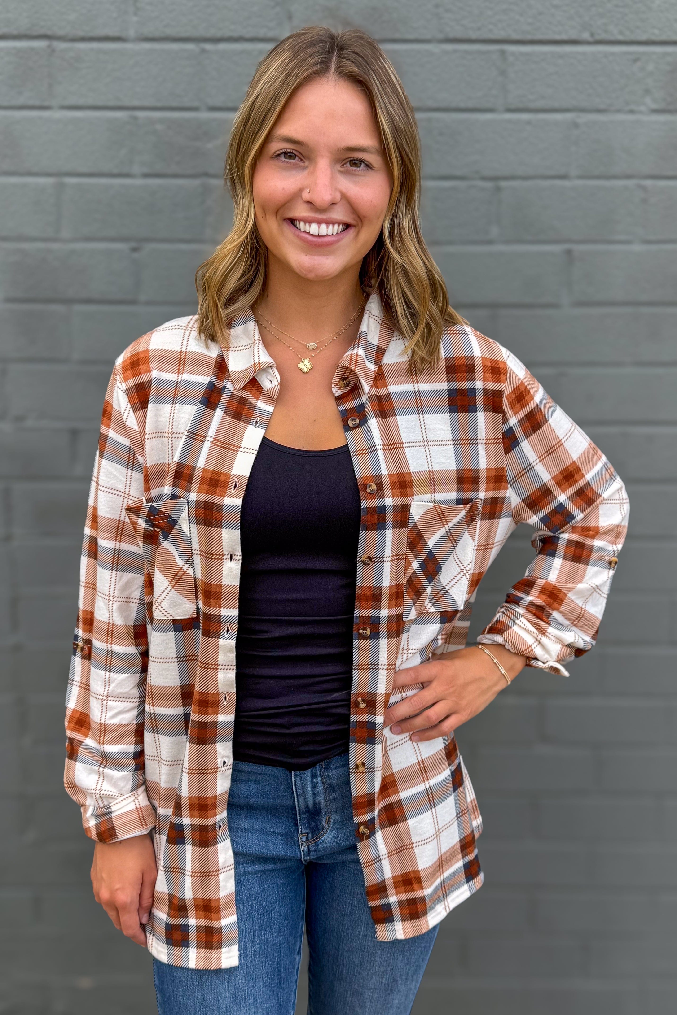 Blue & Orange Side Vent with Buttons Plaid Flannel