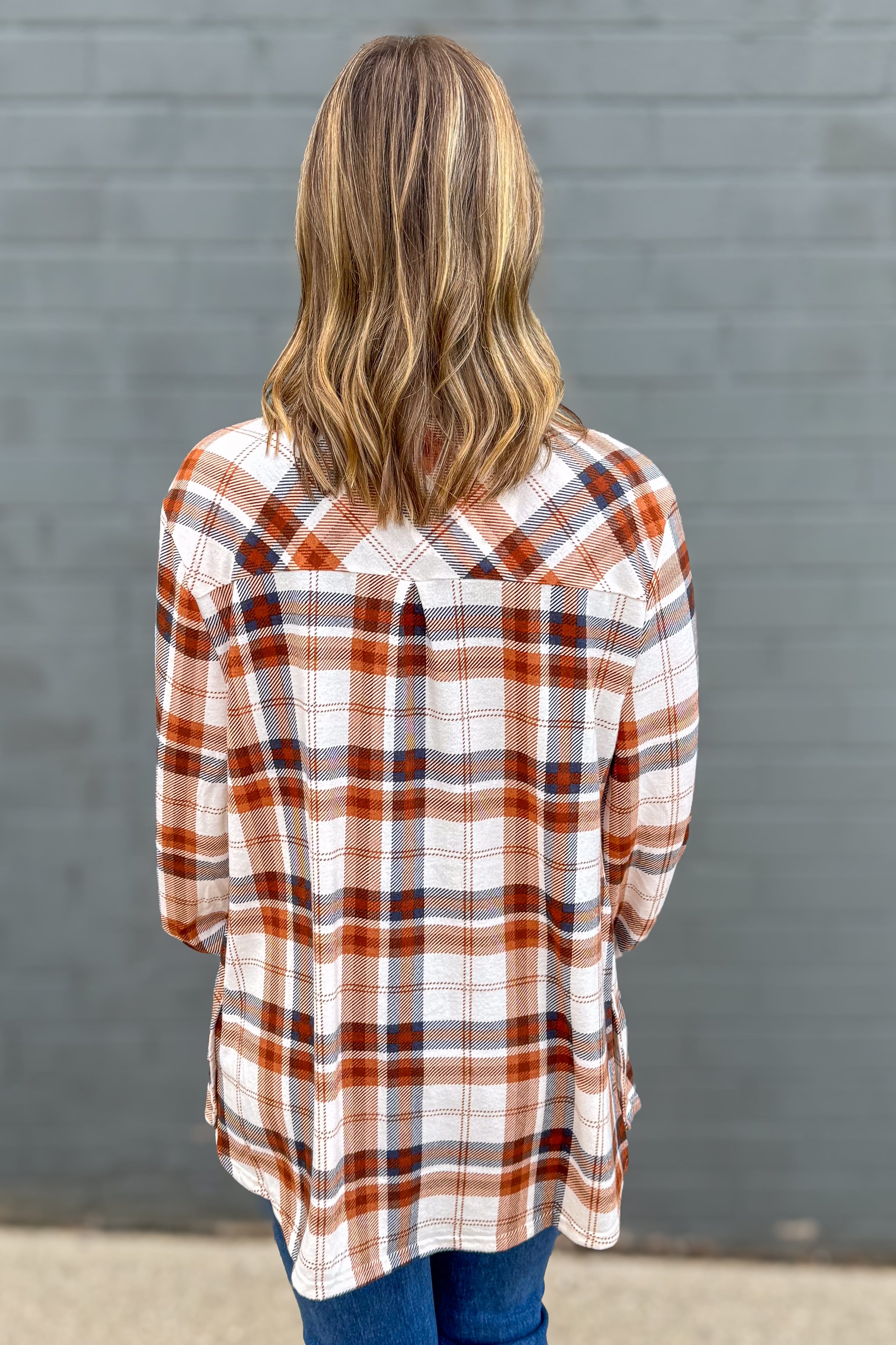 Blue & Orange Side Vent with Buttons Plaid Flannel back
