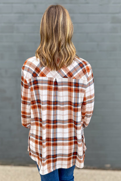 Blue & Orange Side Vent with Buttons Plaid Flannel back