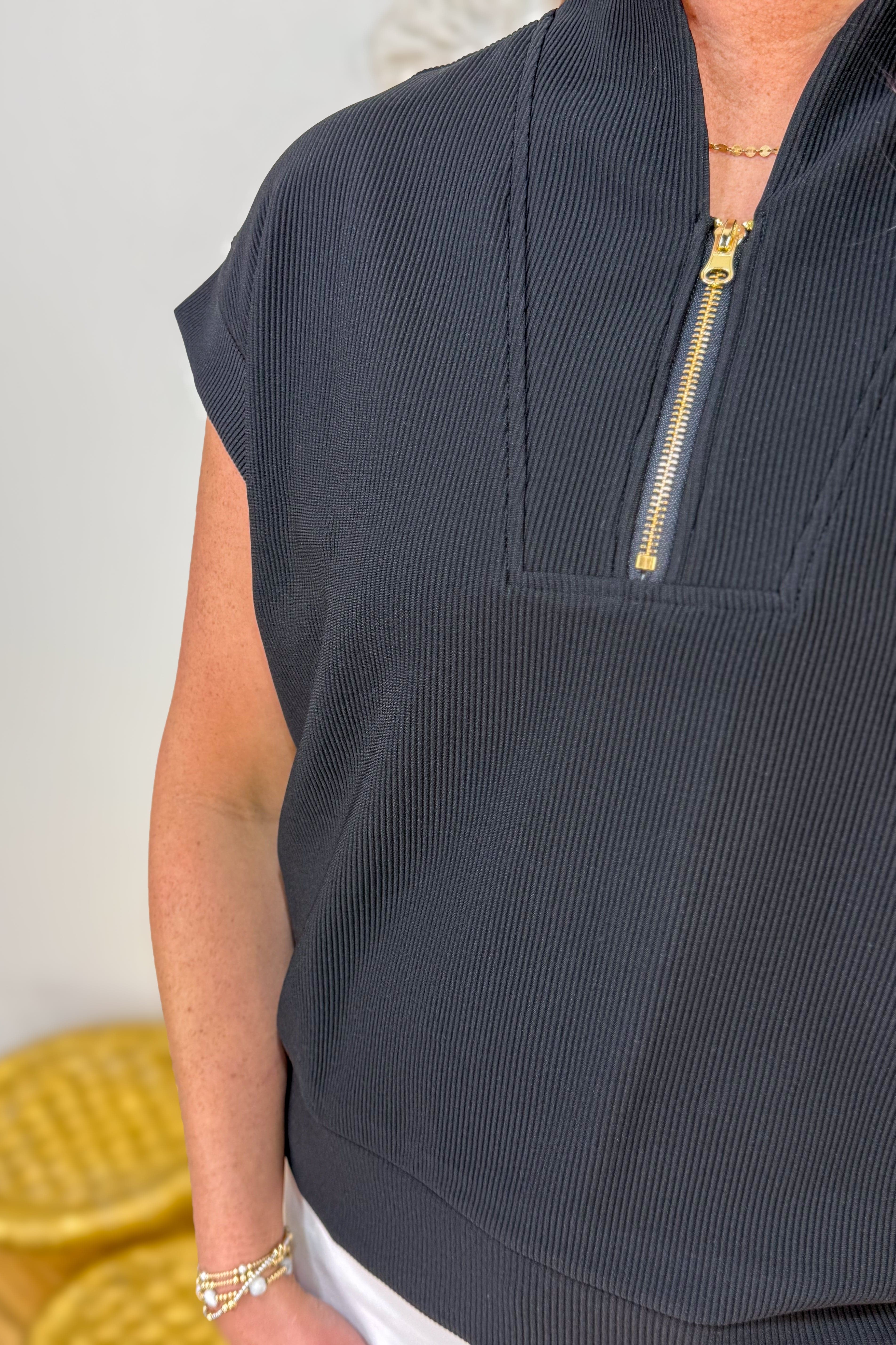 Black Rib High Neck Zip Top Detailed