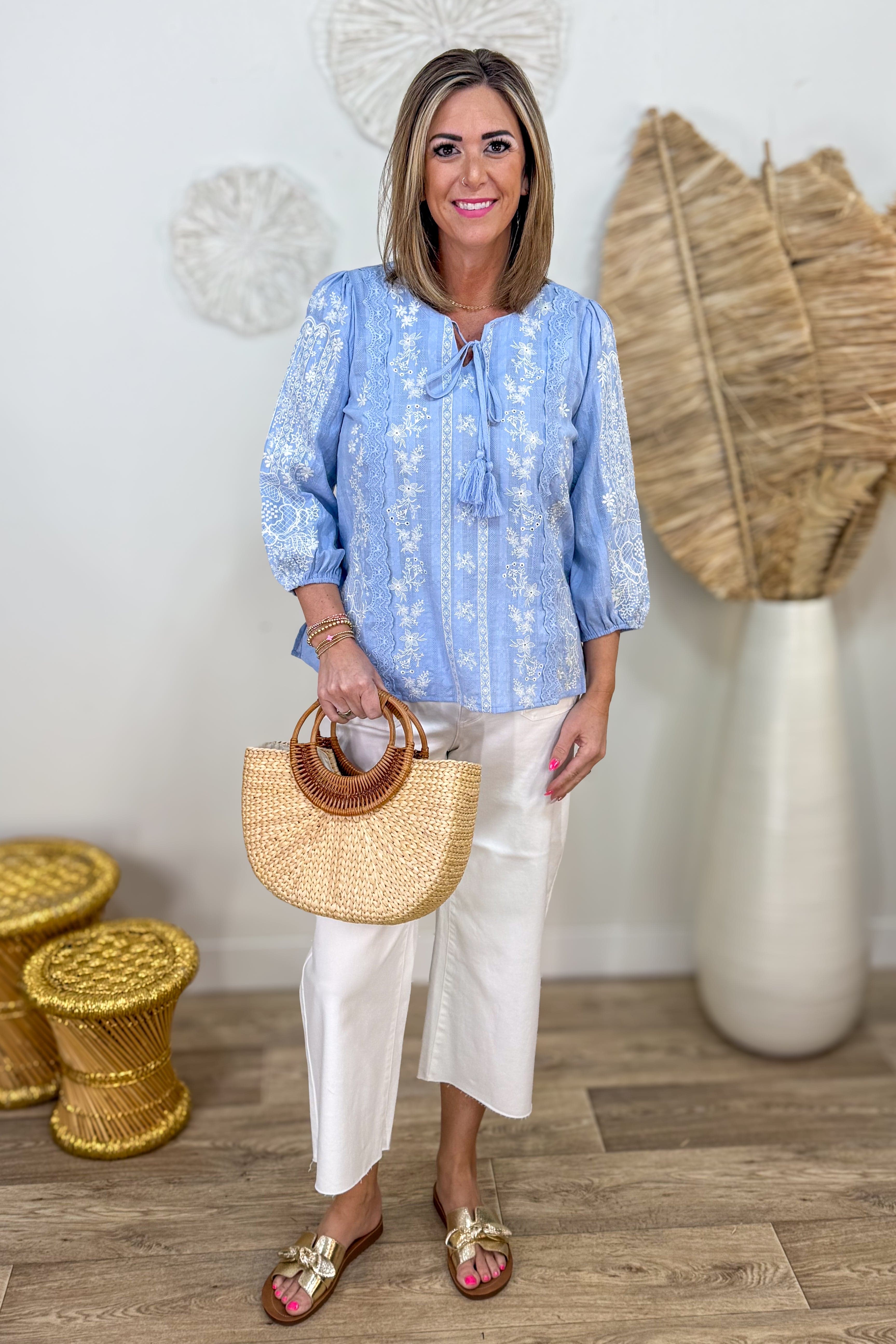 Ice Blue Floral Embroidery Blouse Styled
