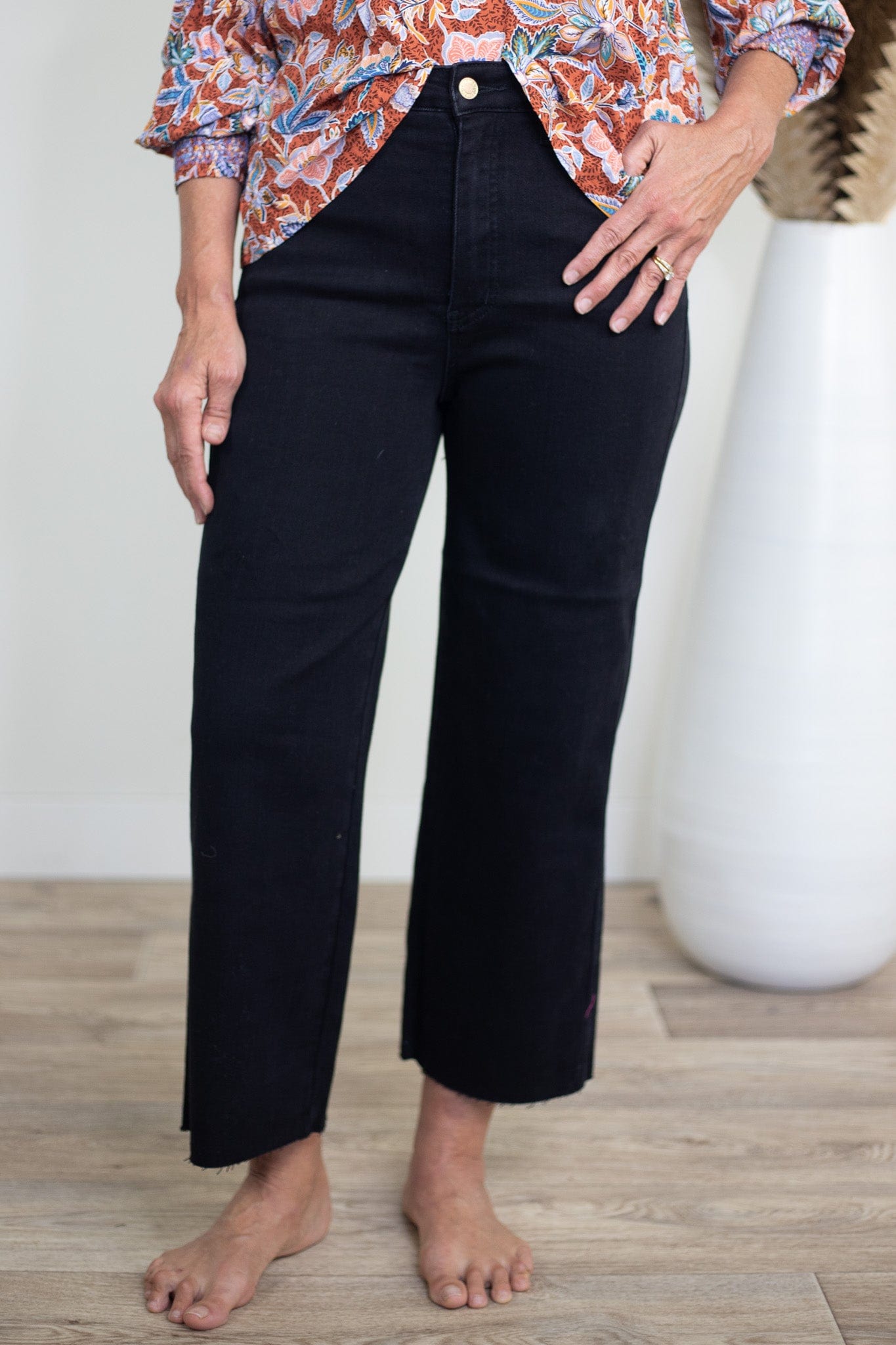 Tummy Control Raw Hem Crop Wide Leg Jean