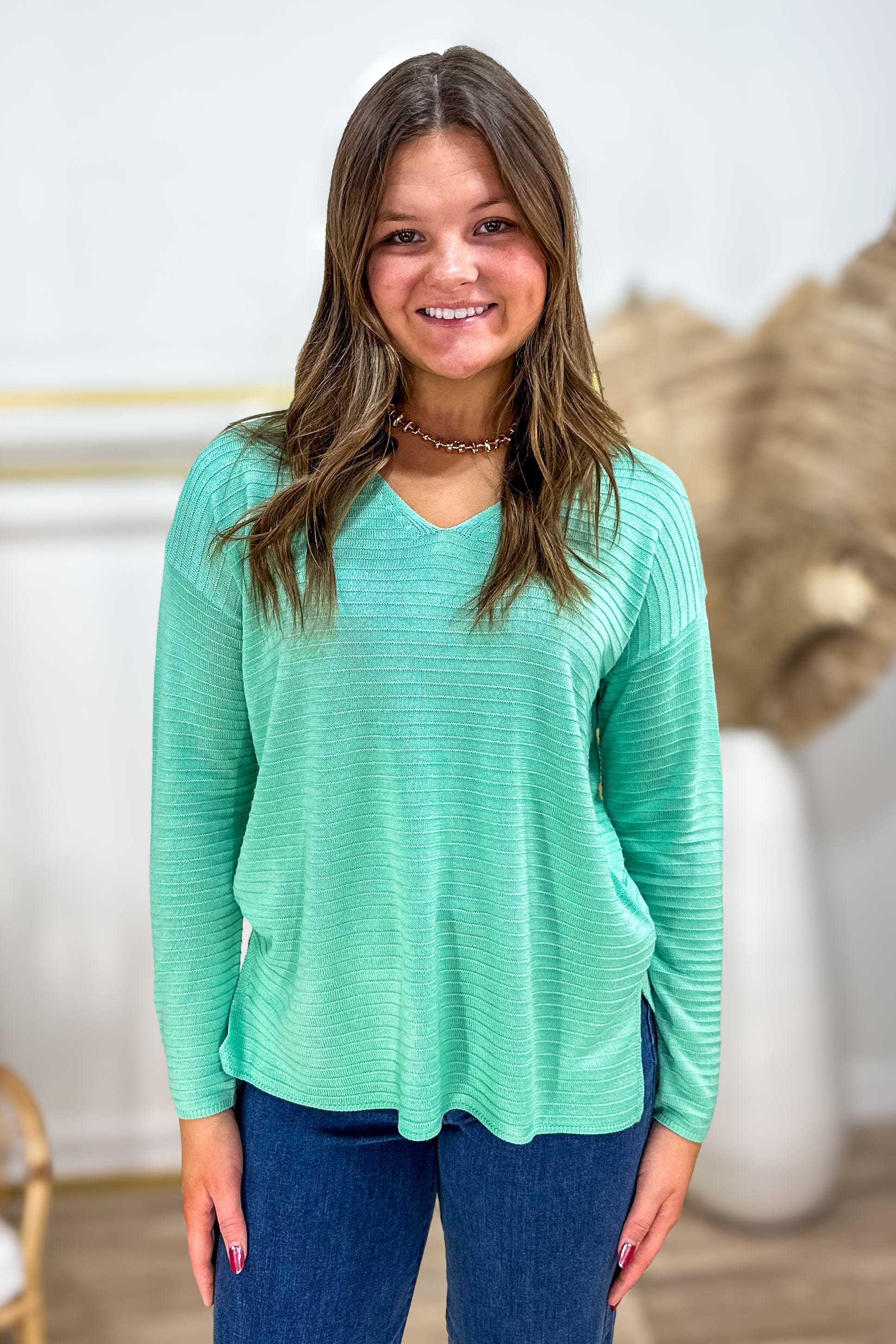 Mint Textured Stripe V-Neck Sweater