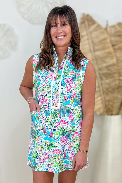 White Island Getaway Print Mid Zip Mock Neck Dress Set
