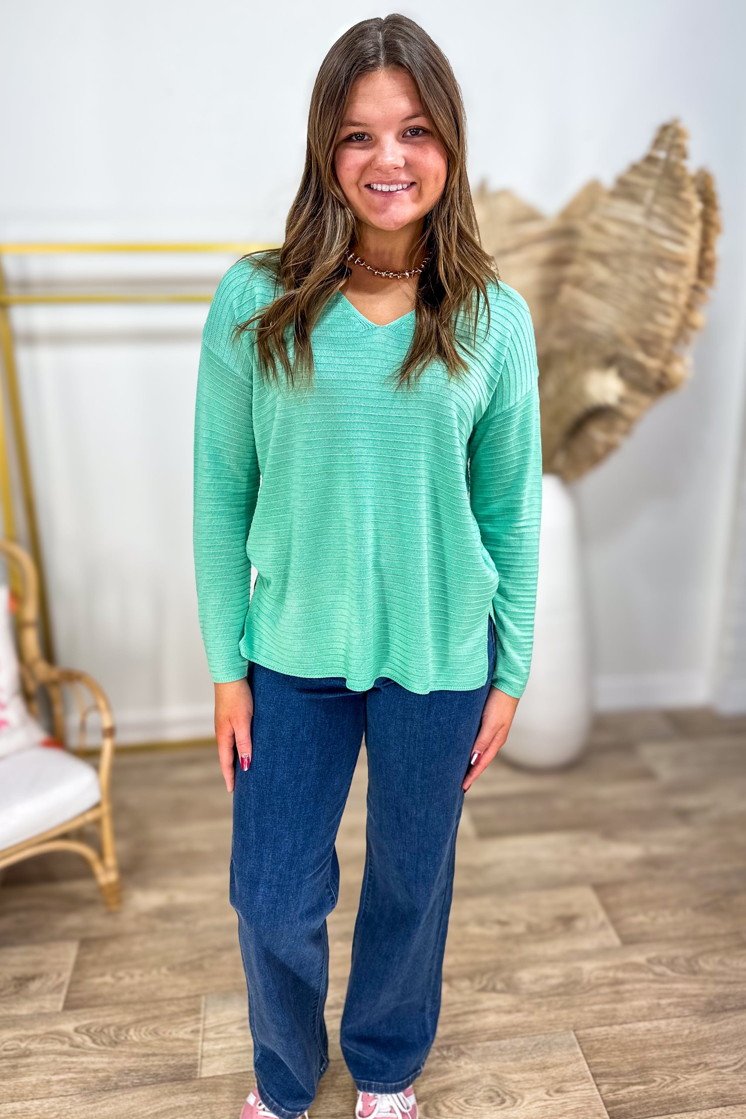 Mint Textured Stripe V-Neck Sweater styled