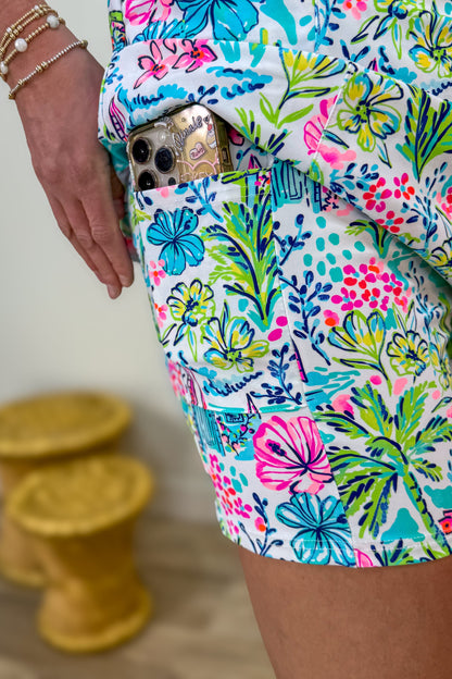 White Island Getaway Print Mid Zip Mock Neck Dress Set Dtailed