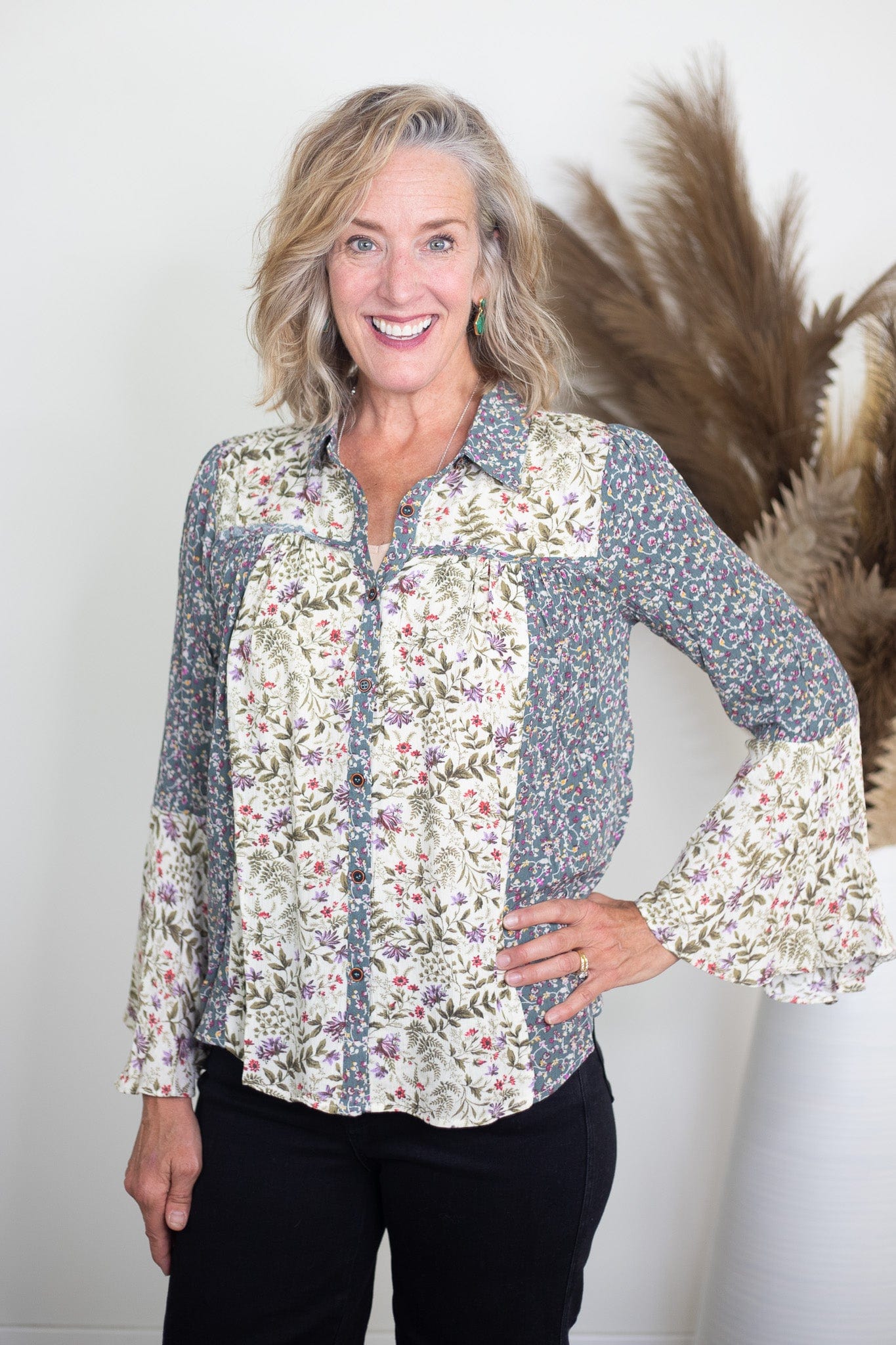 Green Mix Print Bellsleeve Blouse