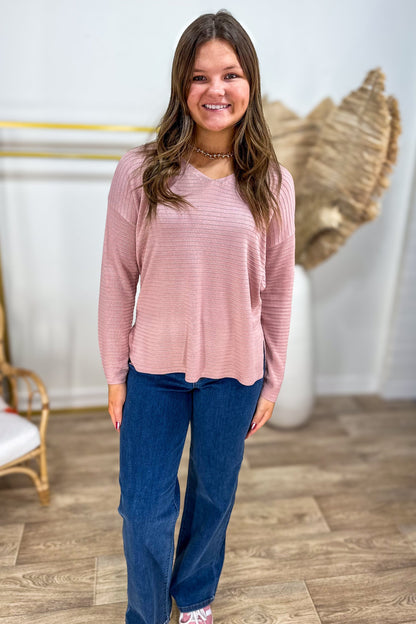 Dusty Pink Textured Stripe V-Neck Sweater styled