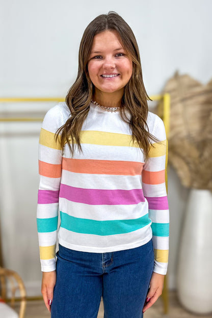 White Multi Color Stripe Crew Neck Sweater