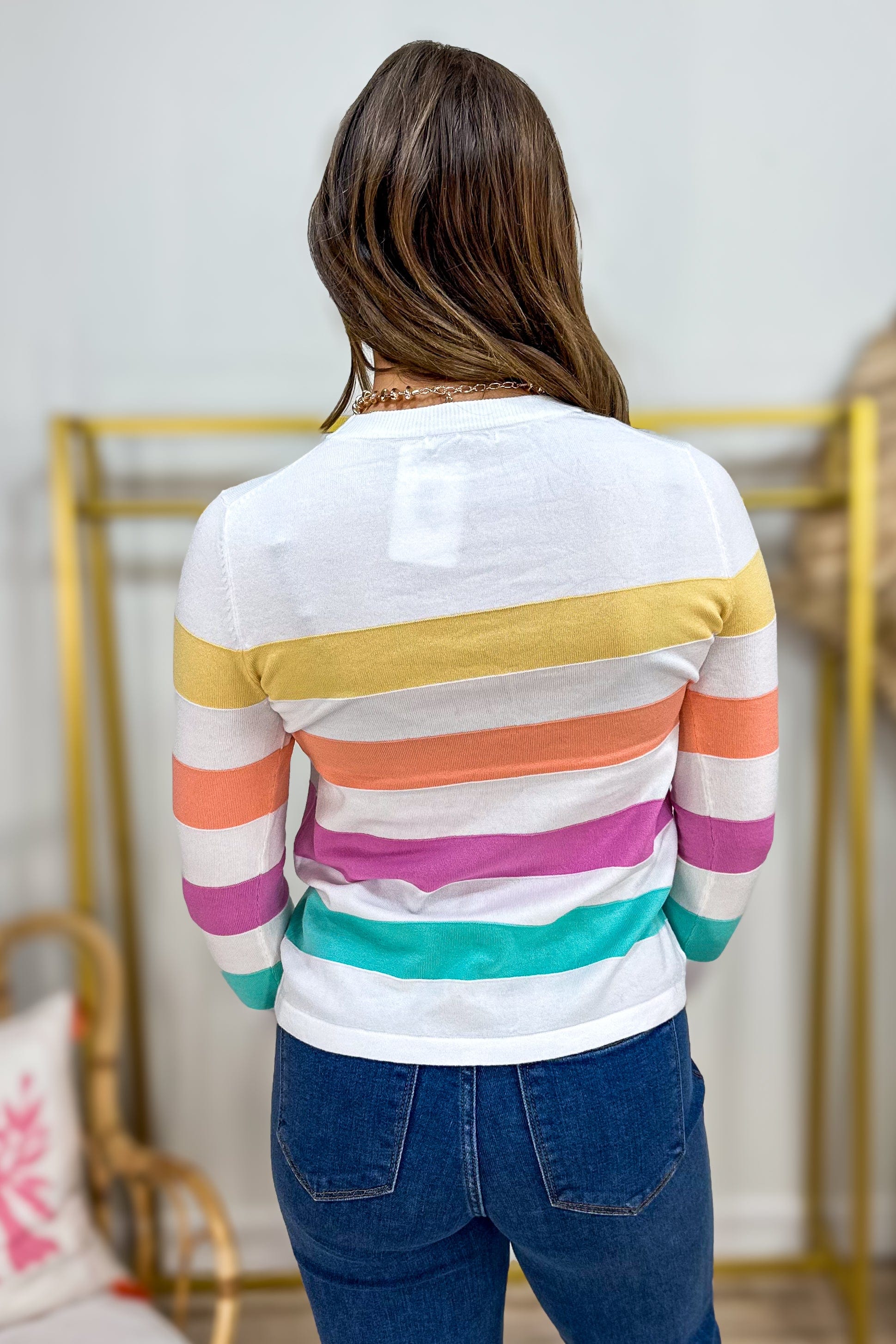 White Multi Color Stripe Crew Neck Sweater back