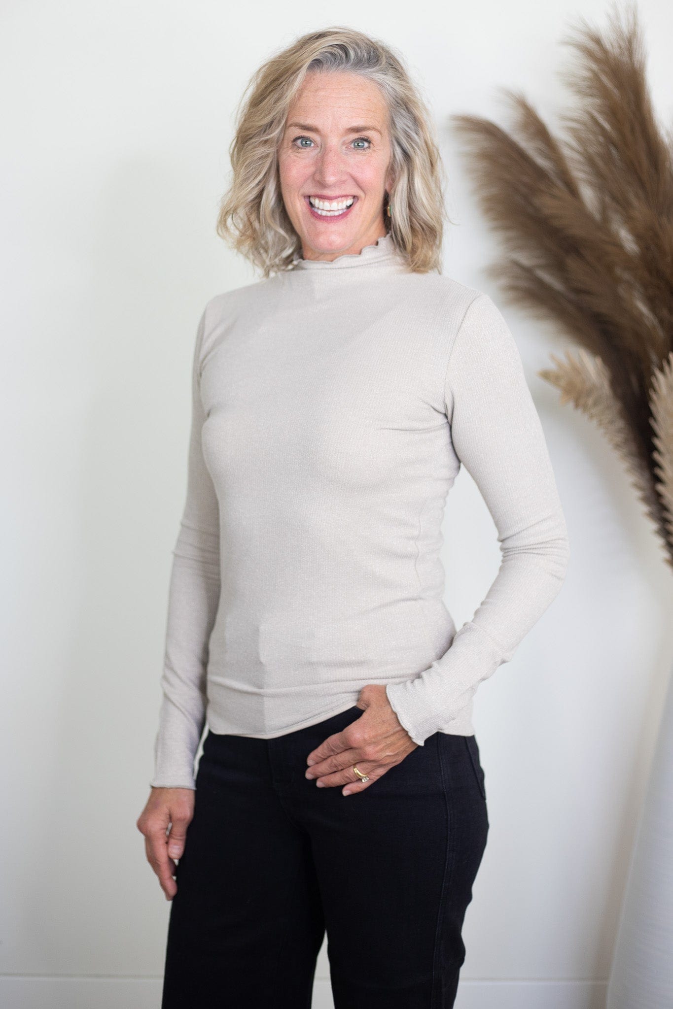 Almond Mock Neck Fitted Top