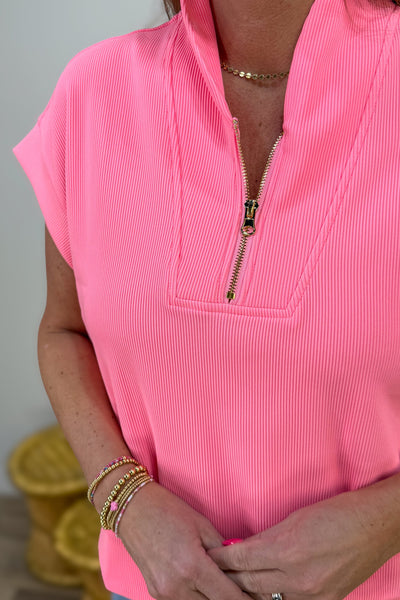 Bright Pink Rib High Neck Zip Top Detailed