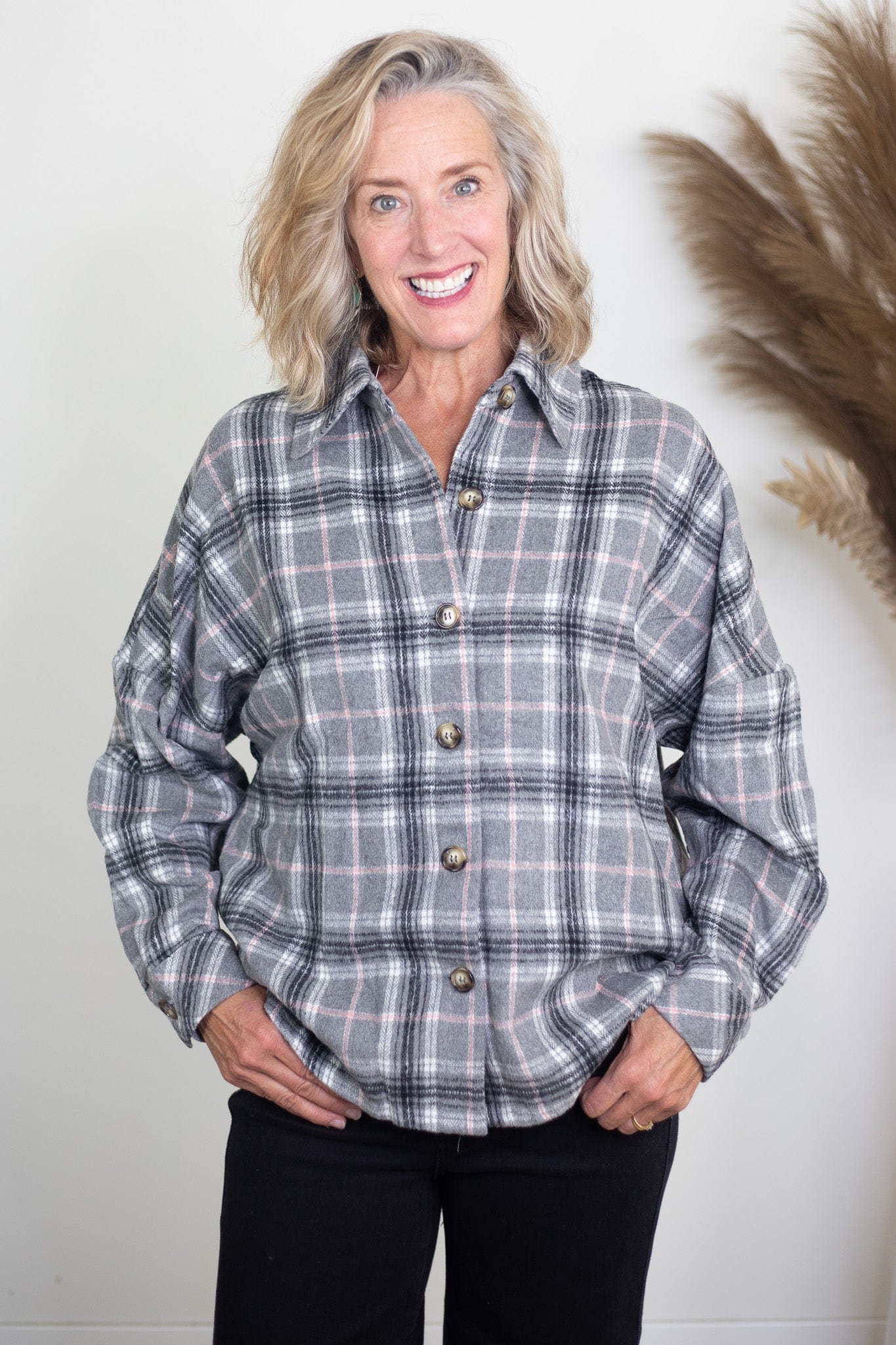 Grey & Pink Plaid Fringed Coat