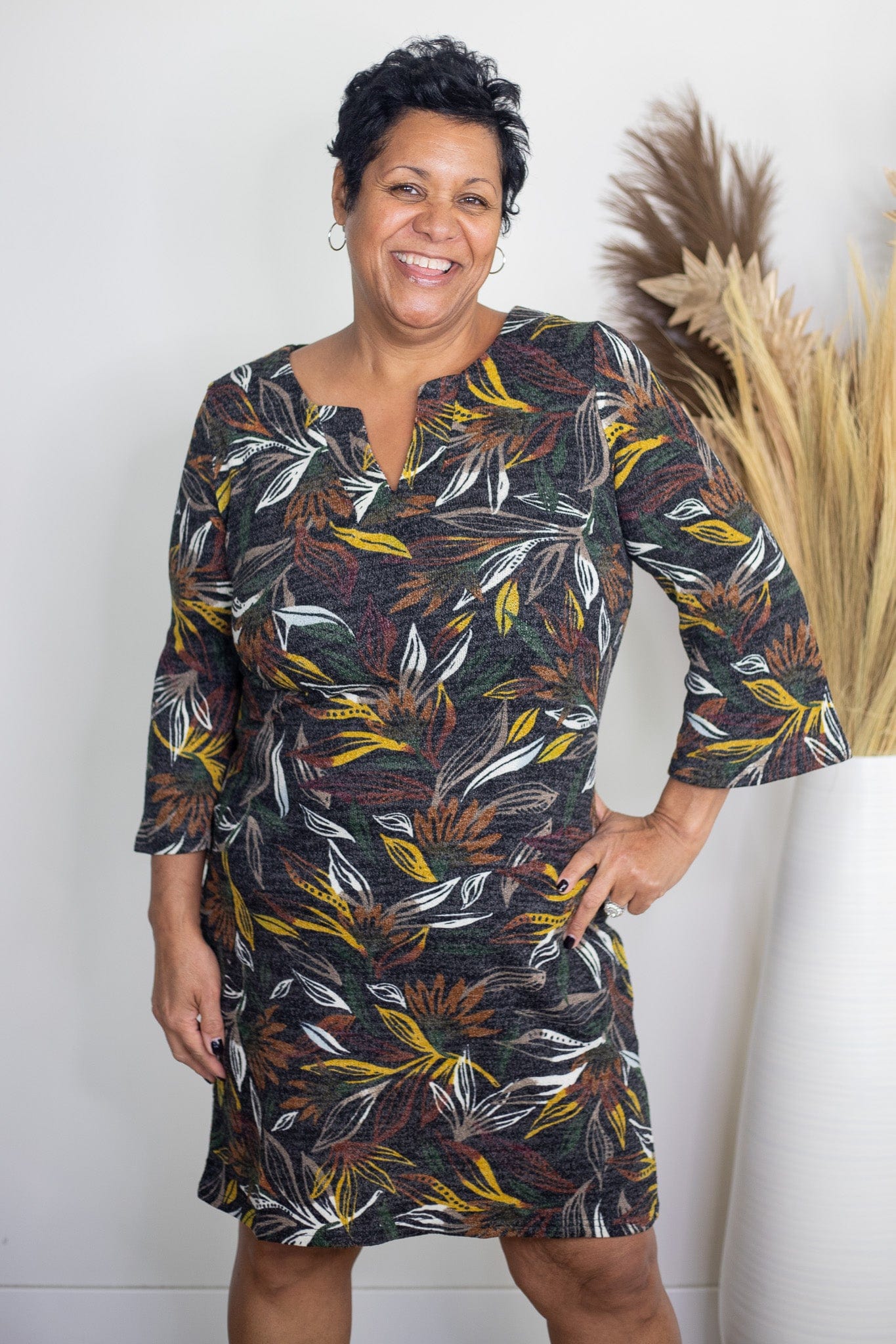 Grey & Mustard Leaf Patterned Knit Dress