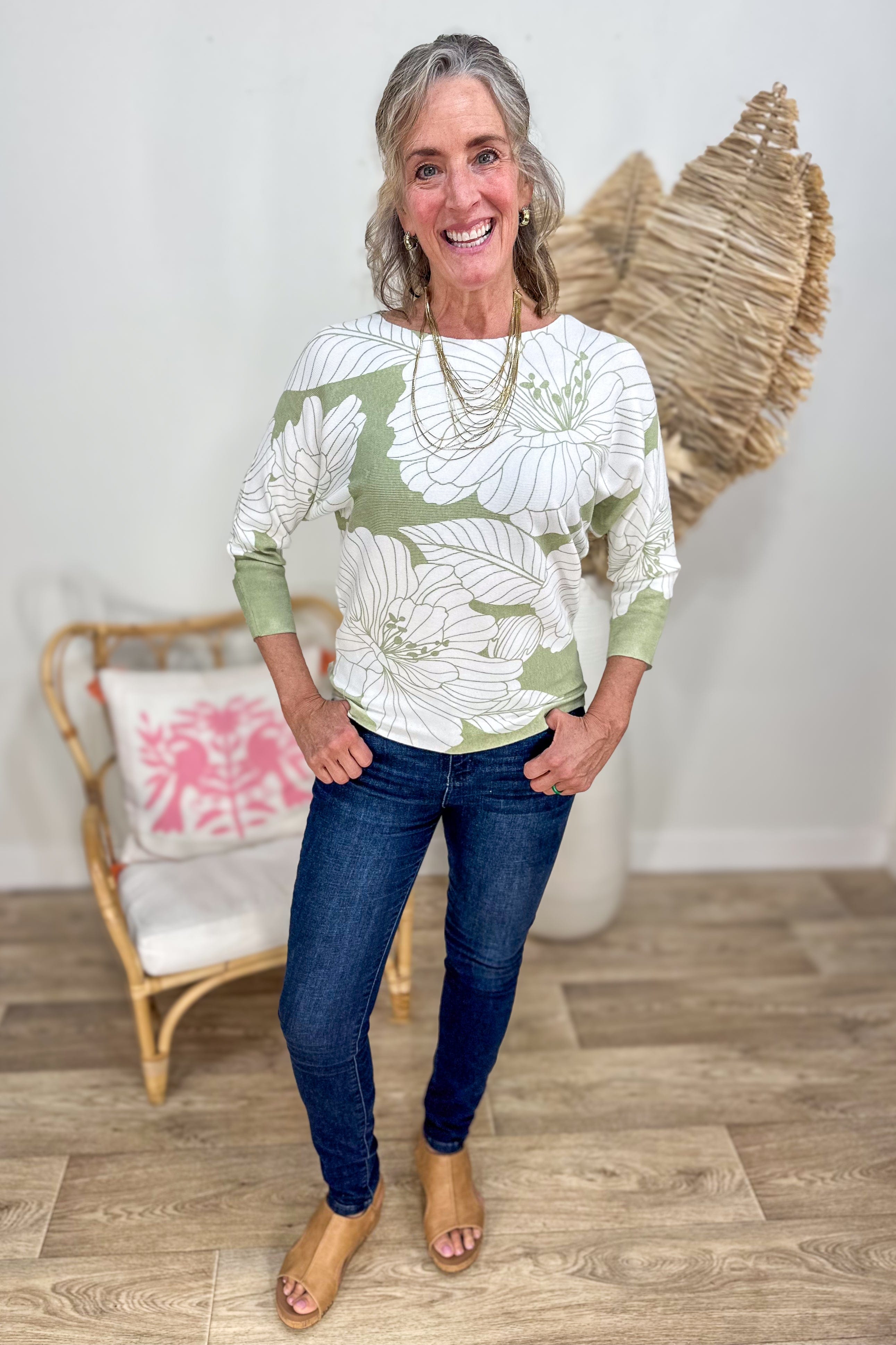 Sage Flower Boat Neck Dolman Sweater styled