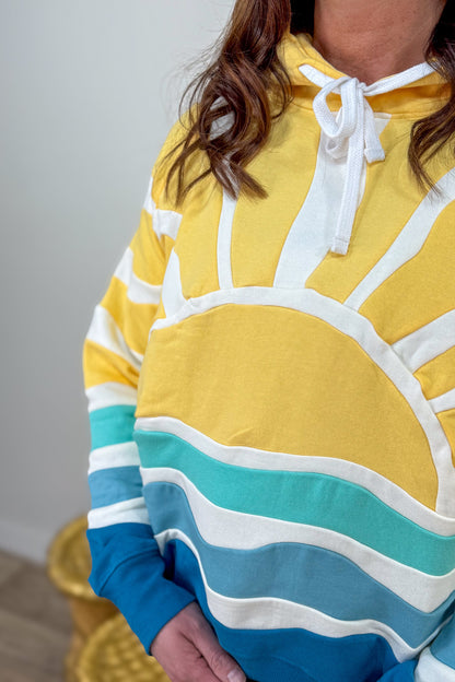 Yellow Patchwork Sunset Hoodie Sweatshirt Detailed