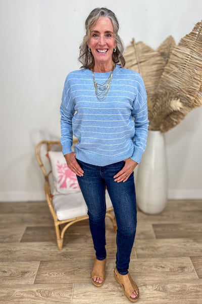 Light Blue Textured Stripe Crew Neck Sweater styled