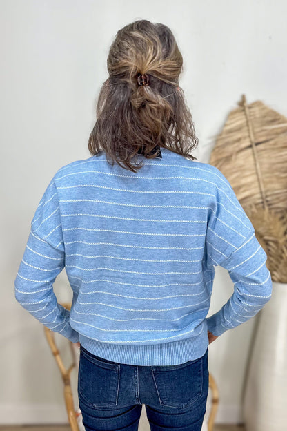 Light Blue Textured Stripe Crew Neck Sweater back